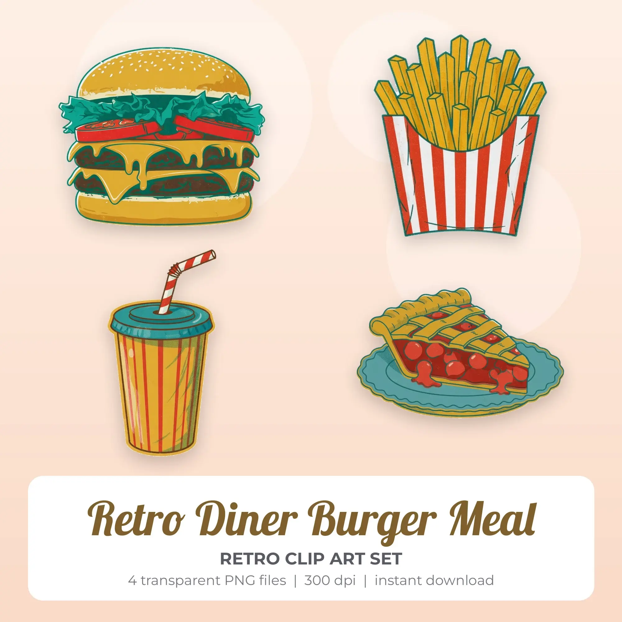 Diner Burger Meal Clipart Set, Retro Style - 4 PNG preview