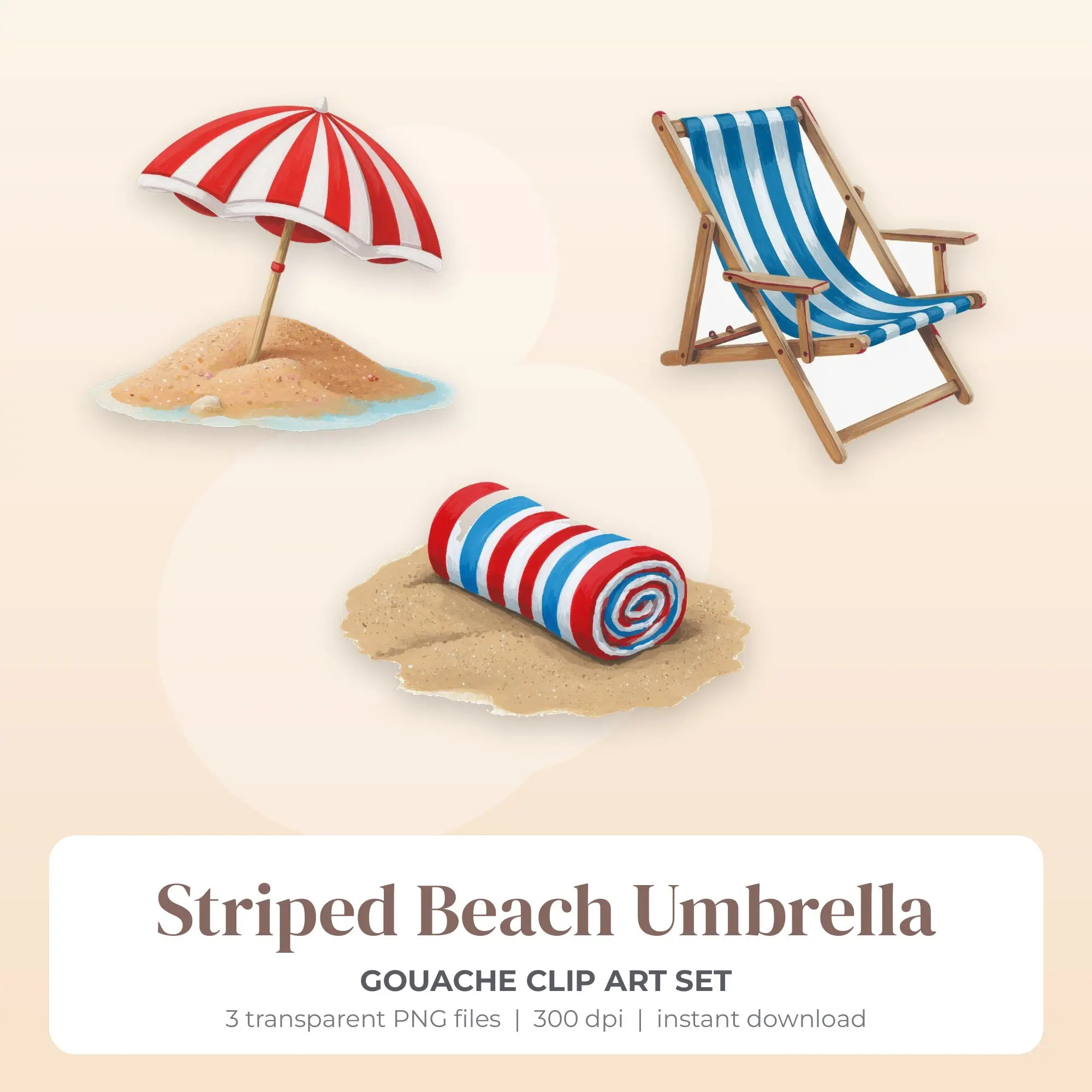 Striped Beach Umbrella Clip Art (Gouache) - 3 Transparent PNG preview