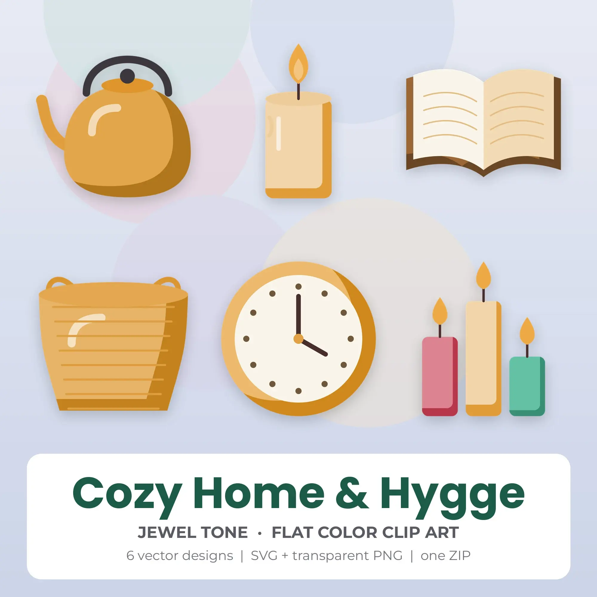 Cozy Home & Hygge Vector Clip Art in Jewel Tone - 6 Designs preview