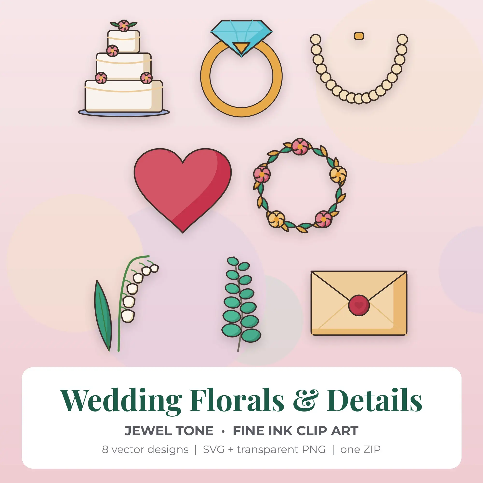 Wedding Florals & Details Clipart, Jewel Tone Fine Ink - 8 SVG PNG preview