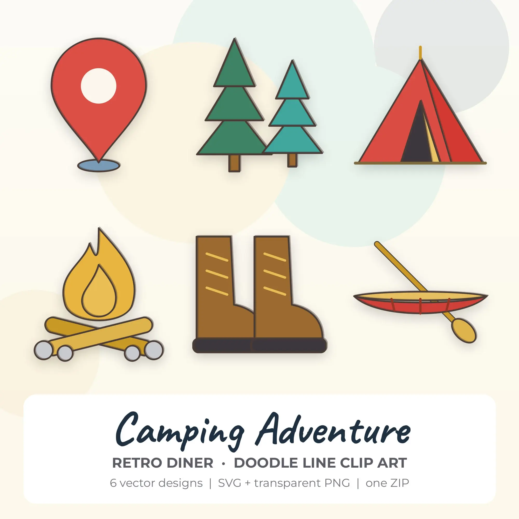 6 Doodle Line Camping Adventure Clipart Illustrations, SVG PNG preview