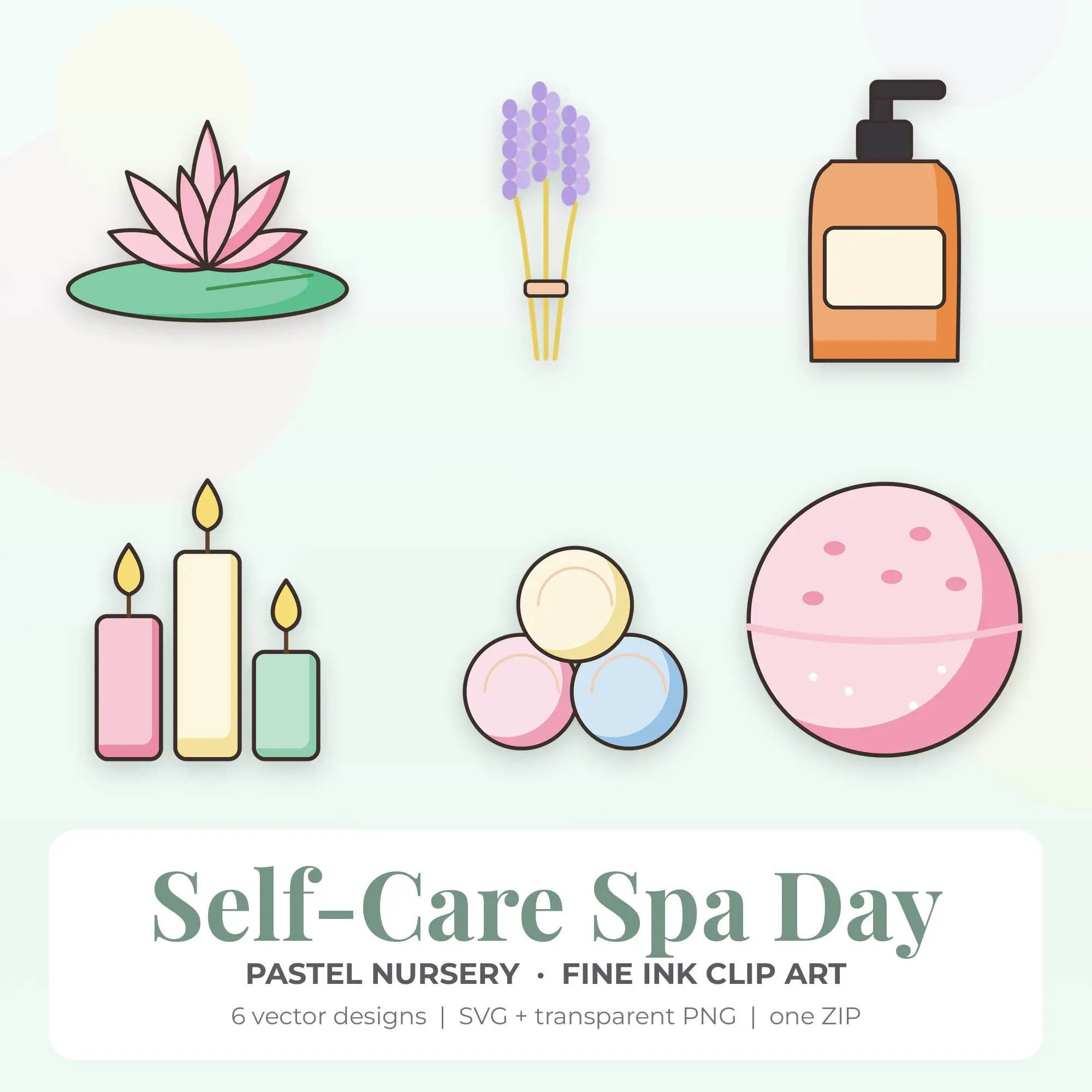 6 Fine Ink Self-Care Spa Day Clipart Illustrations, SVG PNG preview