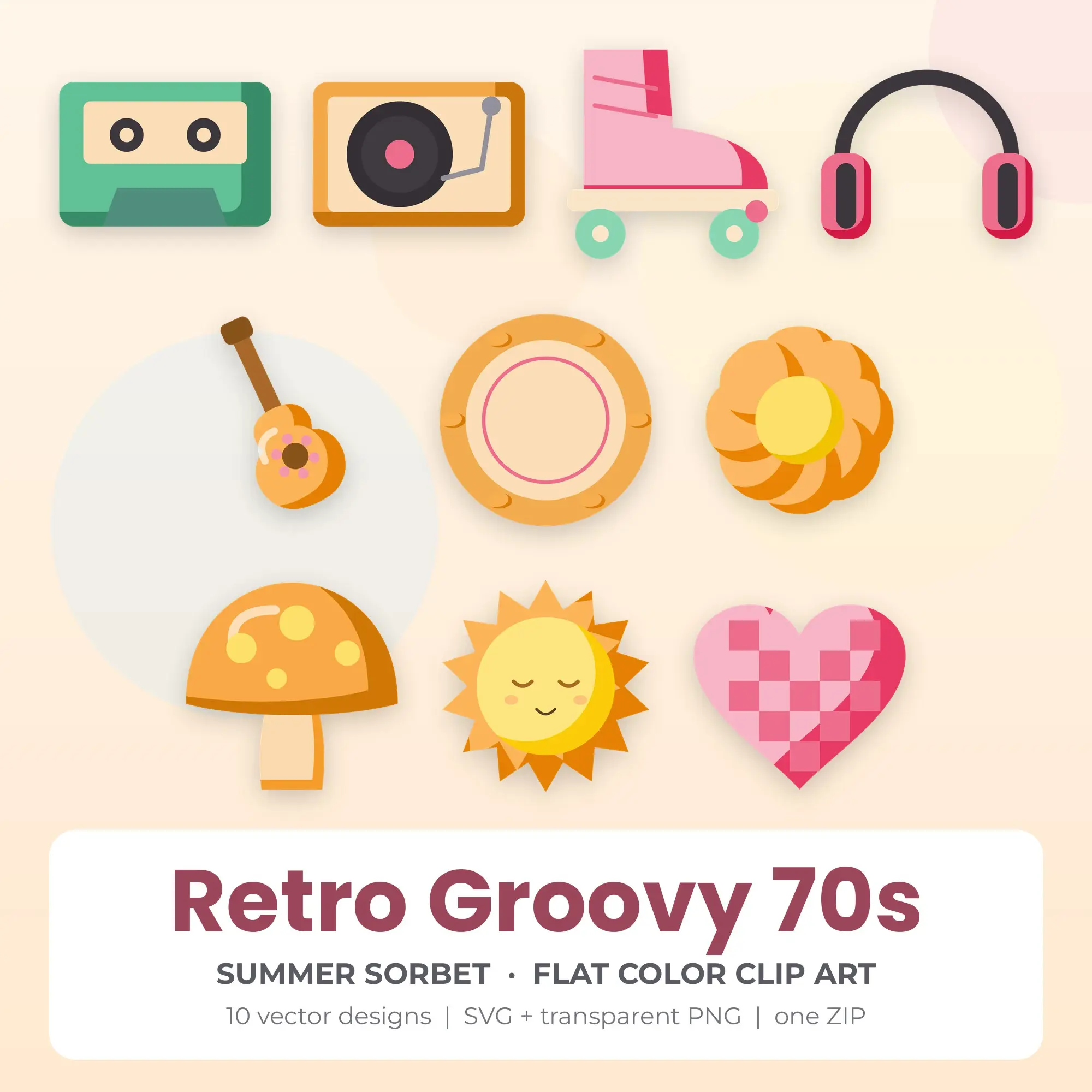Retro Groovy 70s Vector Clip Art in Summer Sorbet - 10 Designs preview