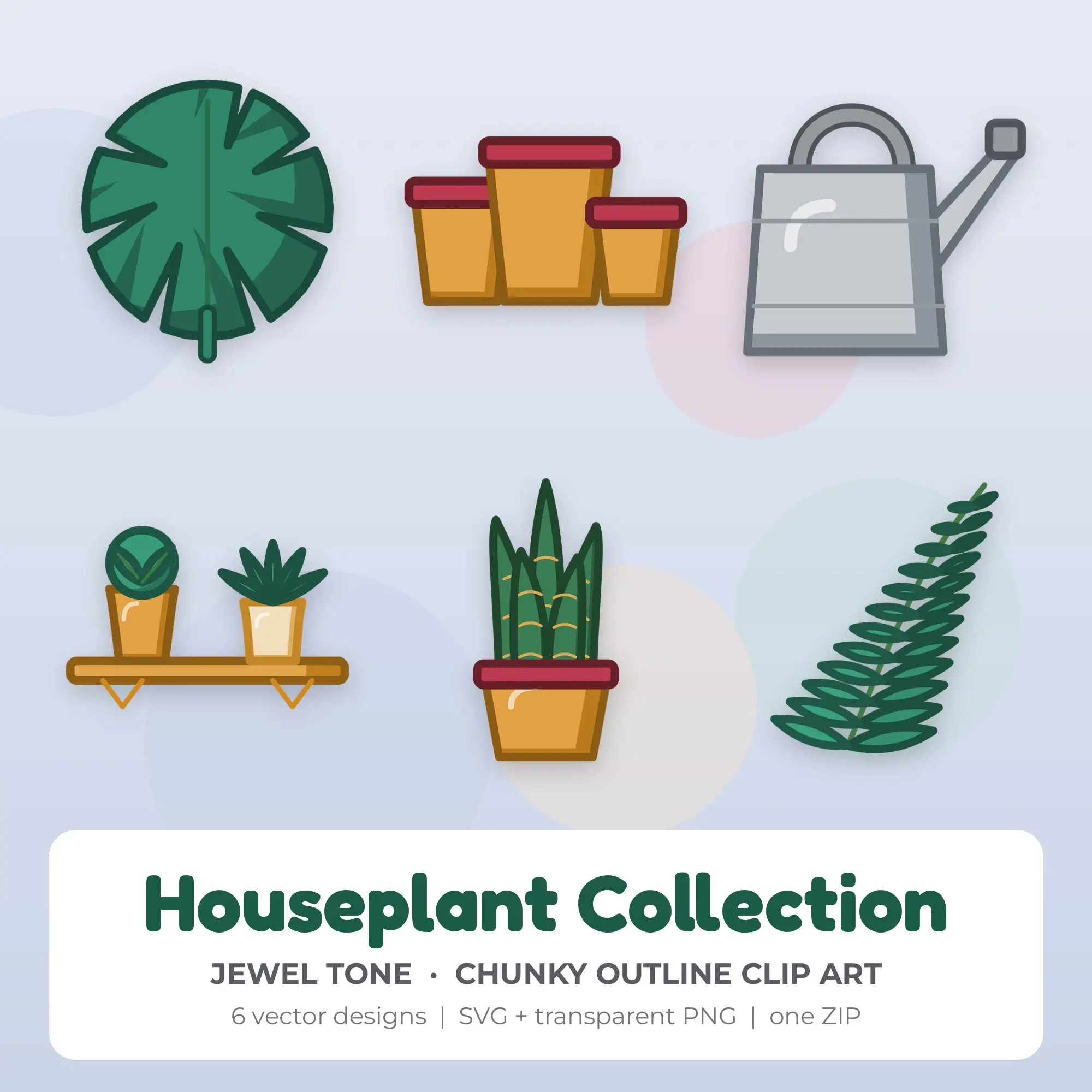 Houseplant Collection Vector Clip Art in Jewel Tone - 6 Designs preview