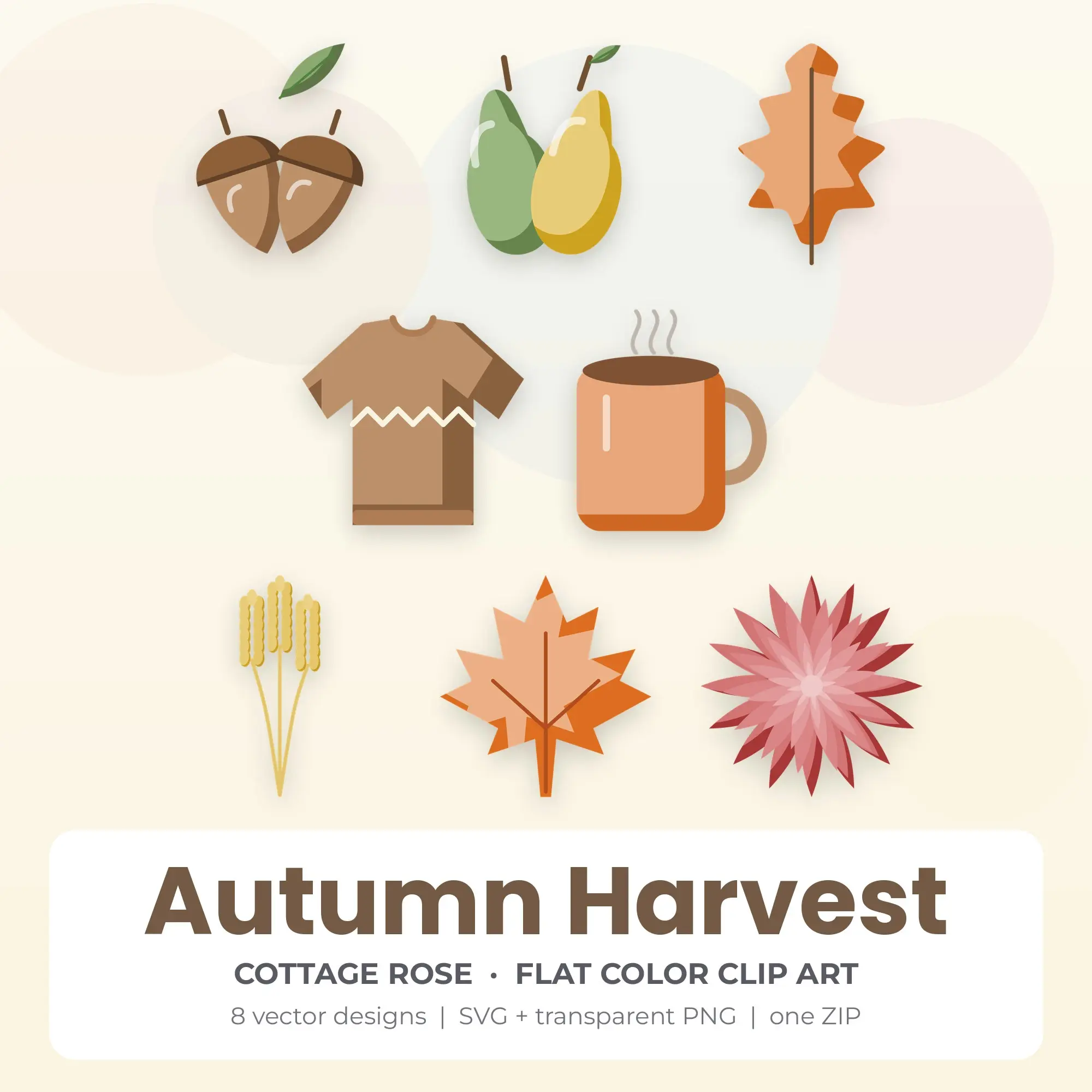Autumn Harvest SVG Clipart Pack, Flat Color Style - 8 Designs preview