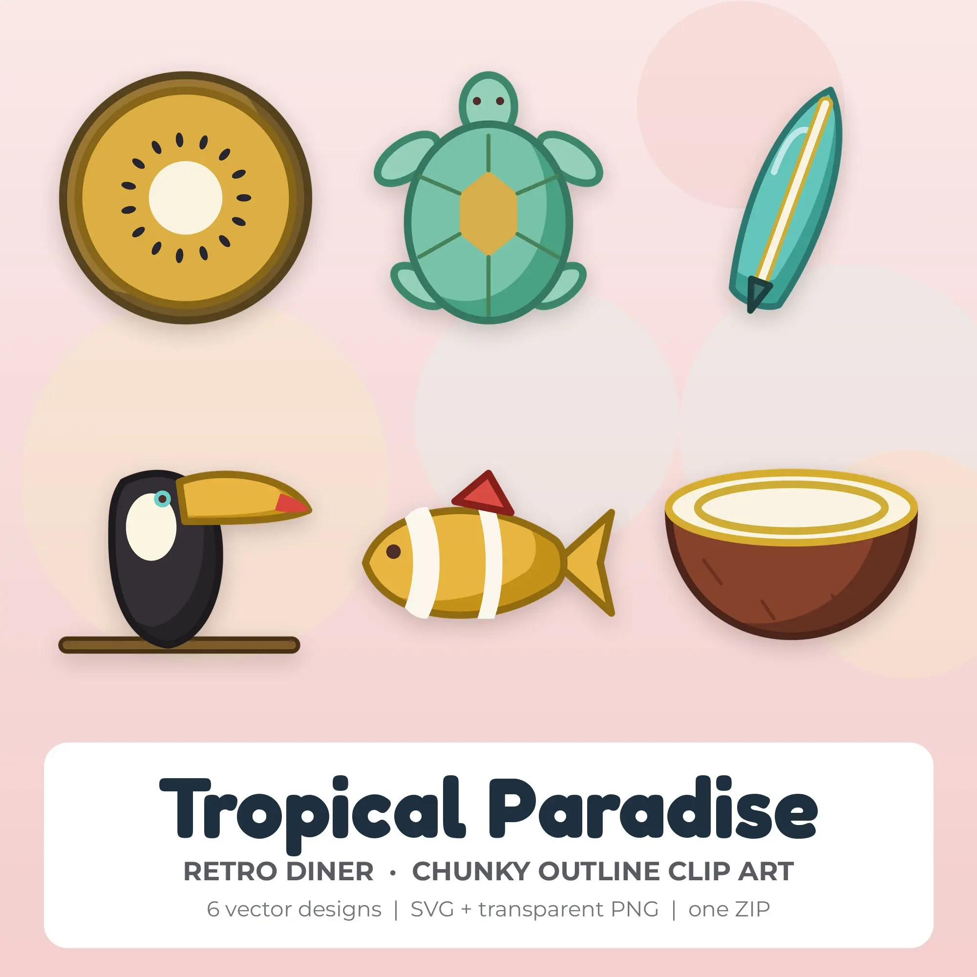 Tropical Paradise Clipart, Retro Diner Chunky Outline - 6 SVG PNG preview