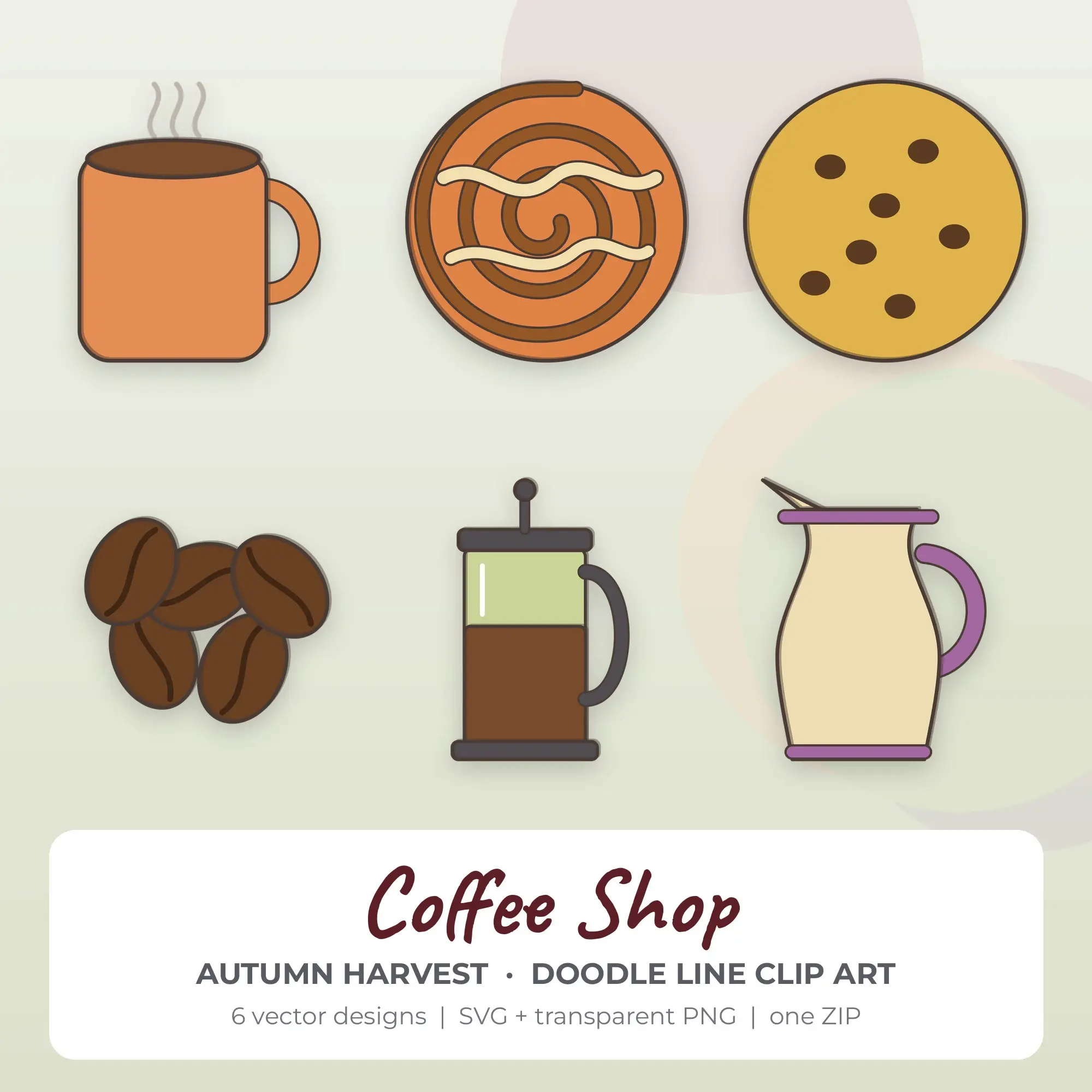 Autumn Harvest Doodle Line Coffee Shop Clipart - 6 Vector Files preview