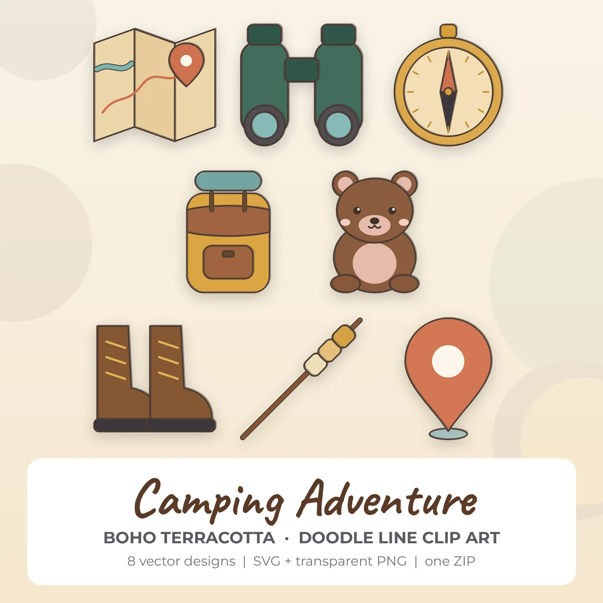 Boho Terracotta Camping Adventure Clip Art Set - 8 Vector SVG PNG preview