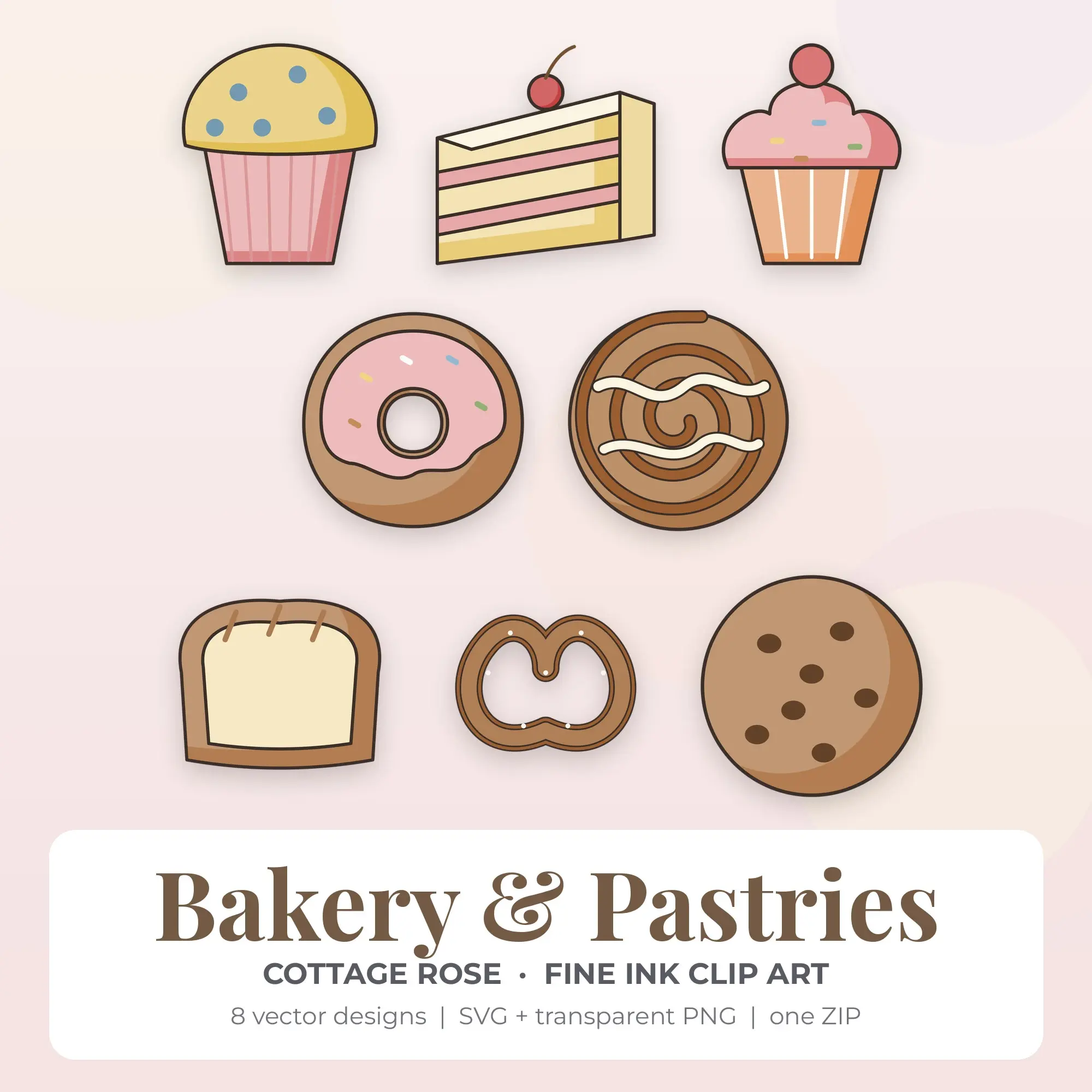 Bakery & Pastries SVG Clipart Pack, Fine Ink Style - 8 Designs preview