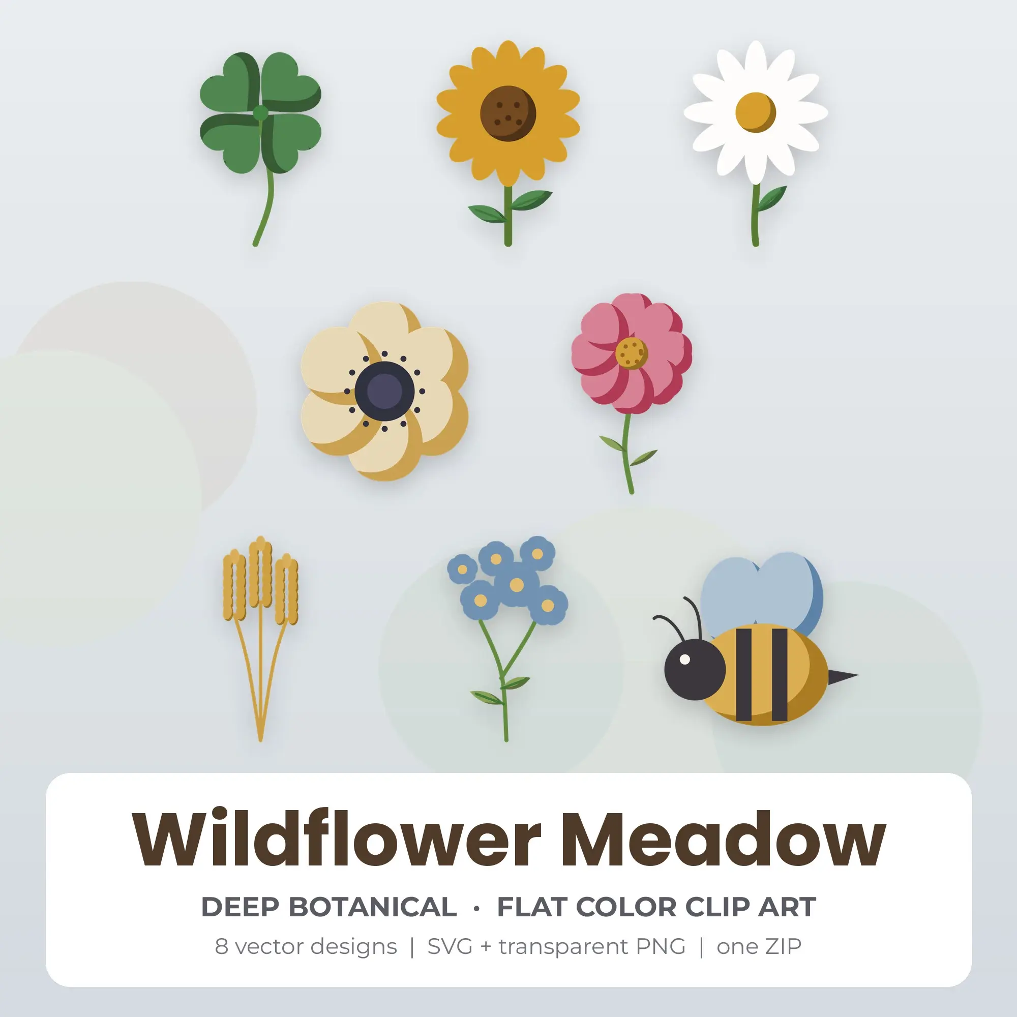 Deep Botanical Flat Color Wildflower Meadow Clipart - 8 Vector Files preview