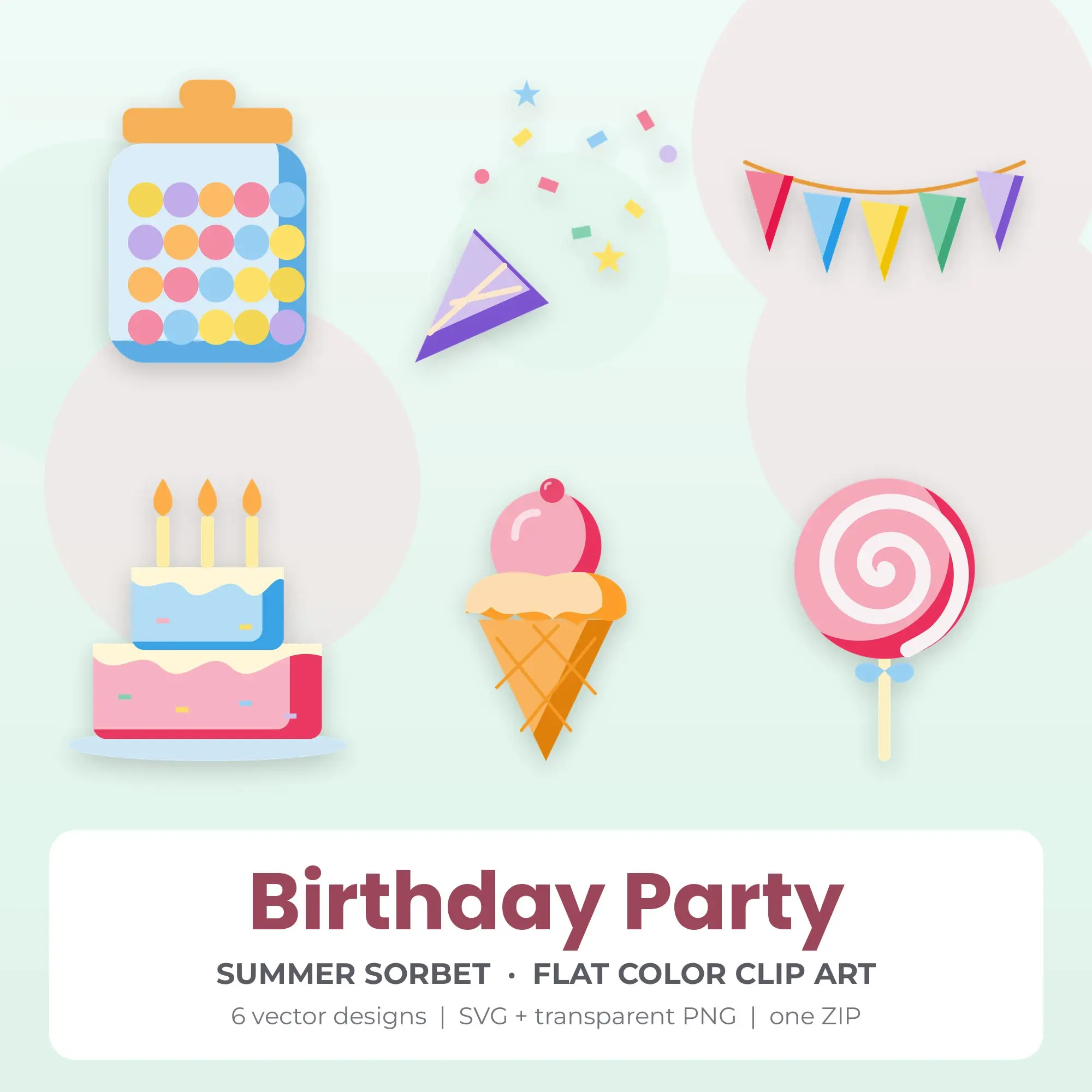 Birthday Party SVG Clipart Pack, Flat Color Style - 6 Designs preview