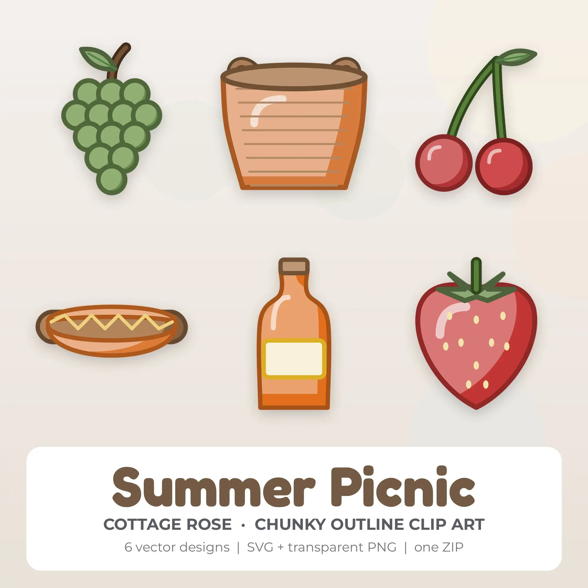 Chunky Outline Summer Picnic Clipart Bundle, Cottage Rose - 6 PNG SVG preview
