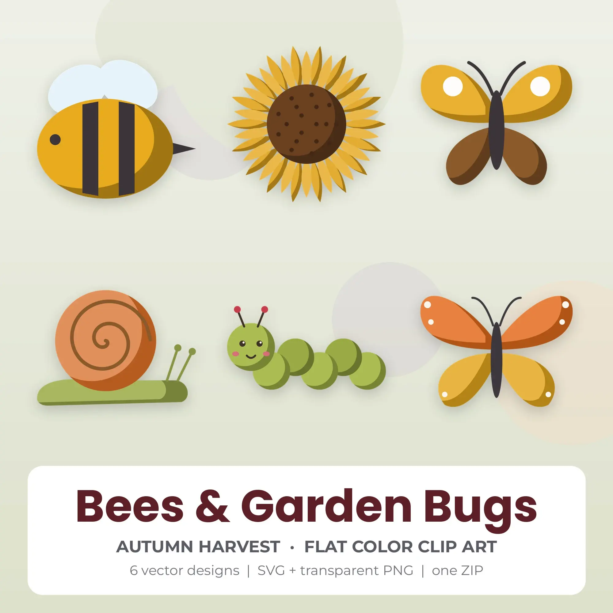 Bees & Garden Bugs SVG Clipart Pack, Flat Color Style - 6 Designs preview