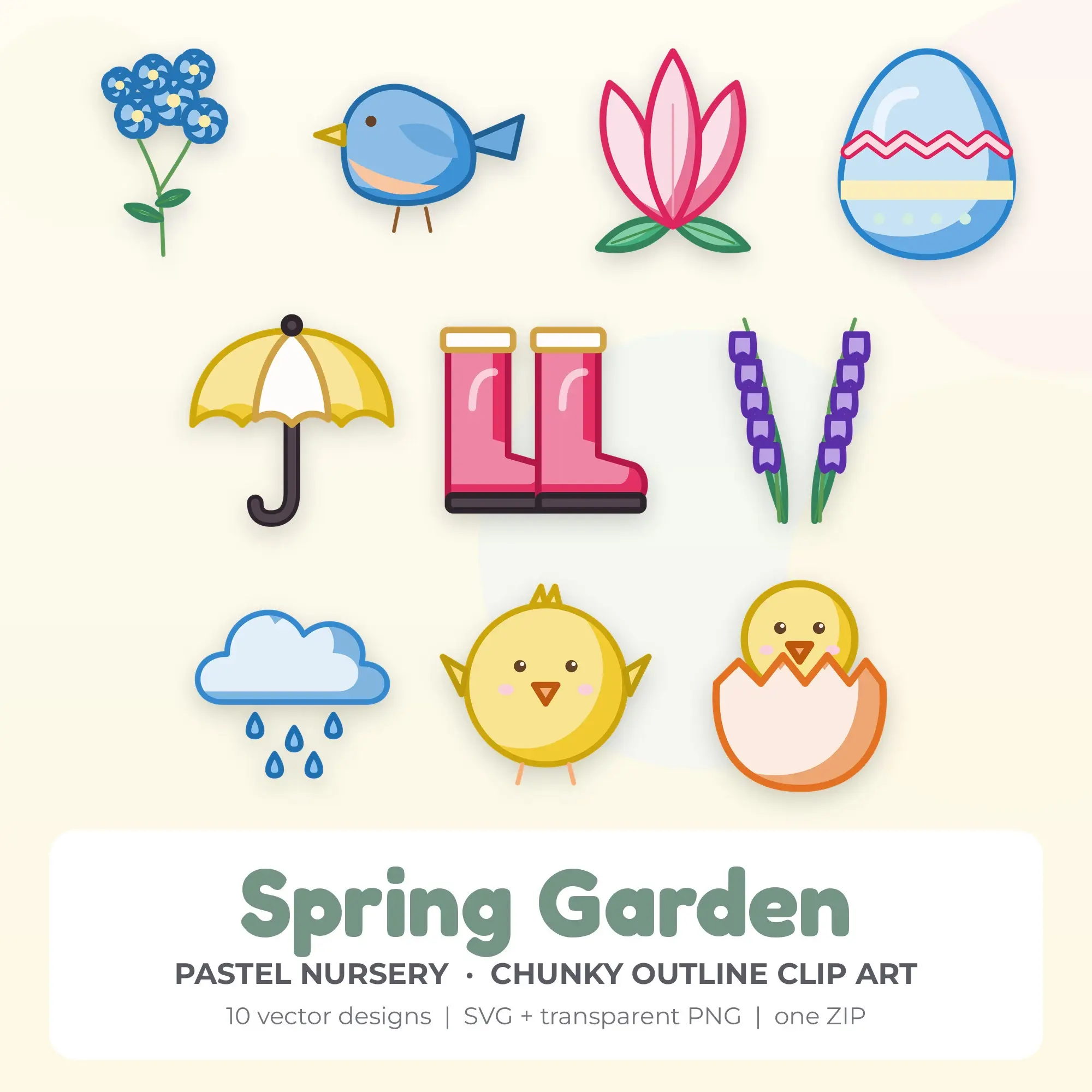 Spring Garden SVG Clipart Pack, Chunky Outline Style - 10 Designs preview