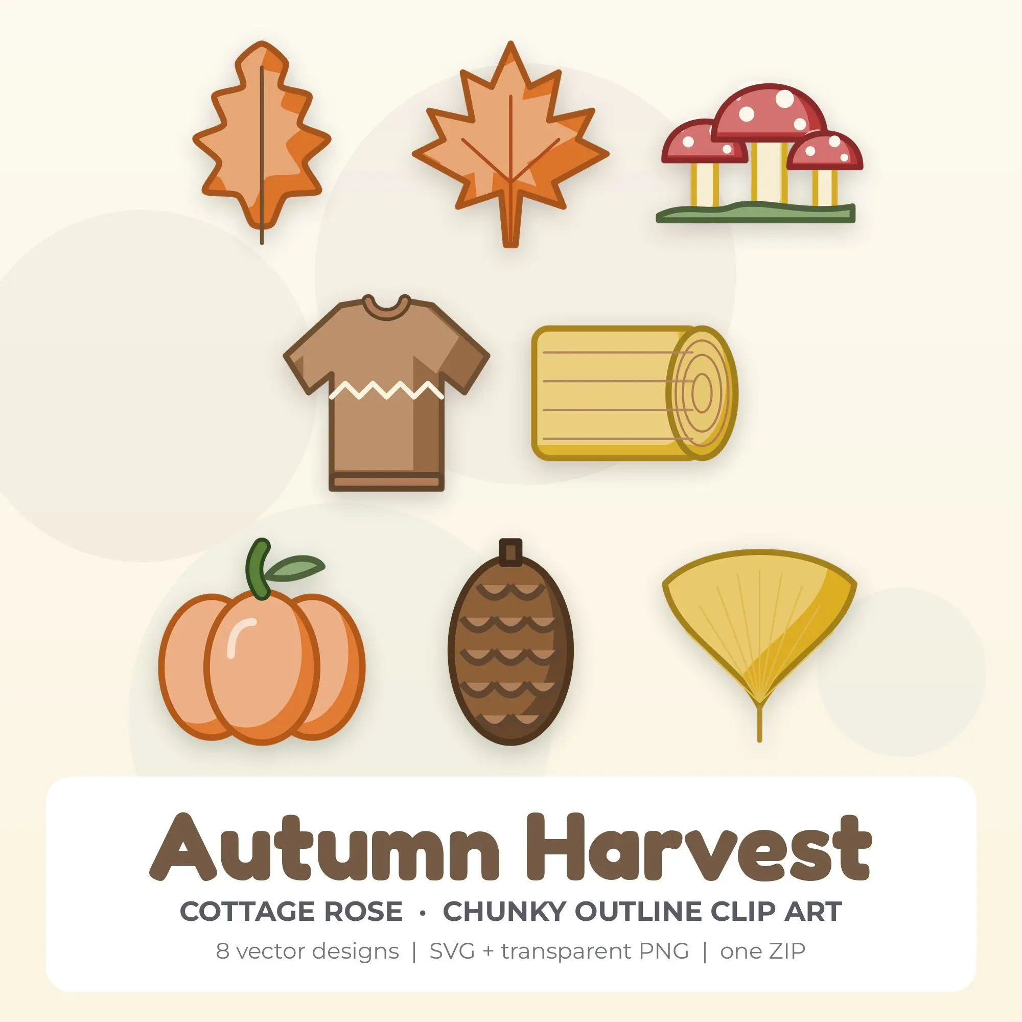 Cottage Rose Chunky Outline Autumn Harvest Clipart - 8 Vector Files preview