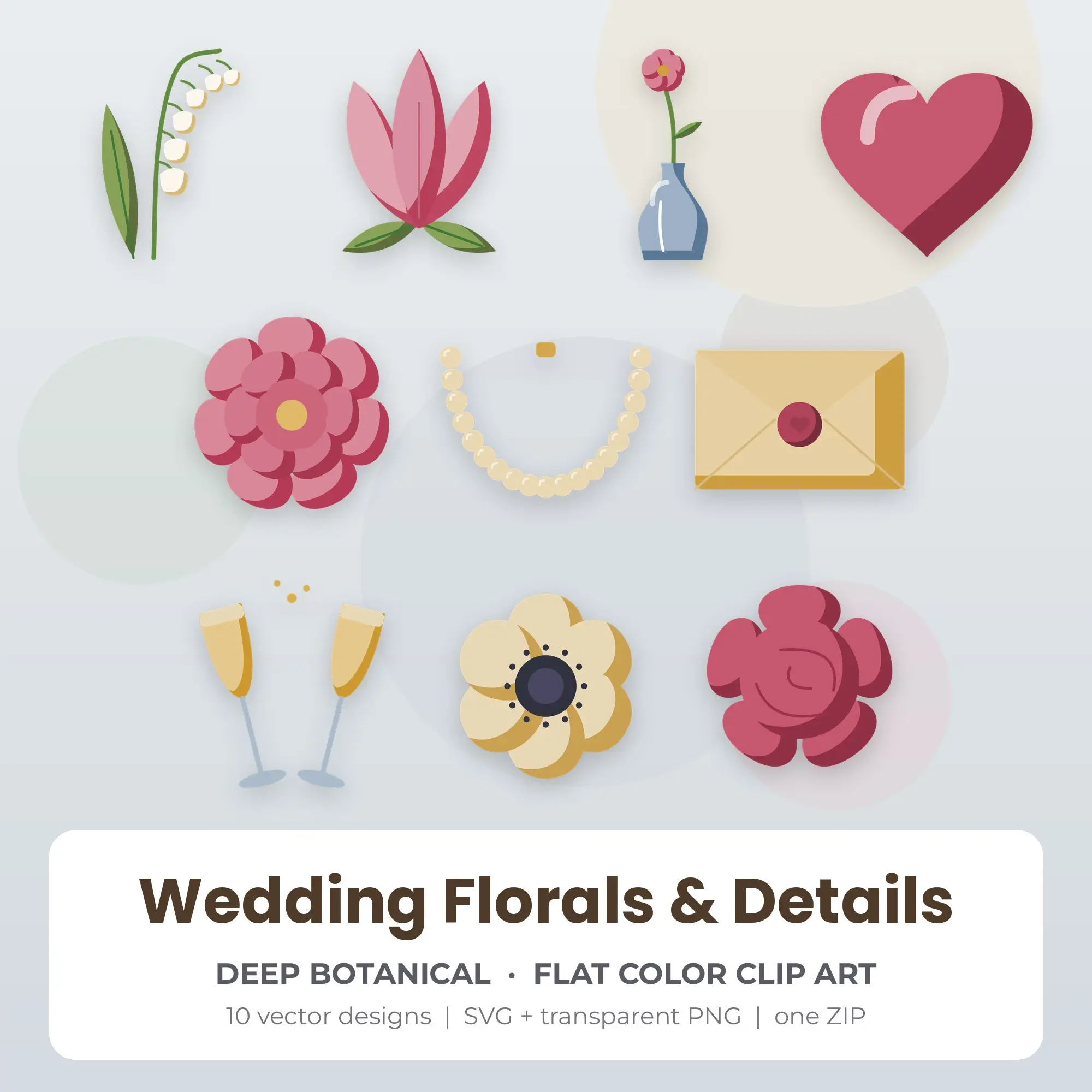 10 Flat Color Wedding Florals & Details Clipart Illustrations, SVG PNG preview