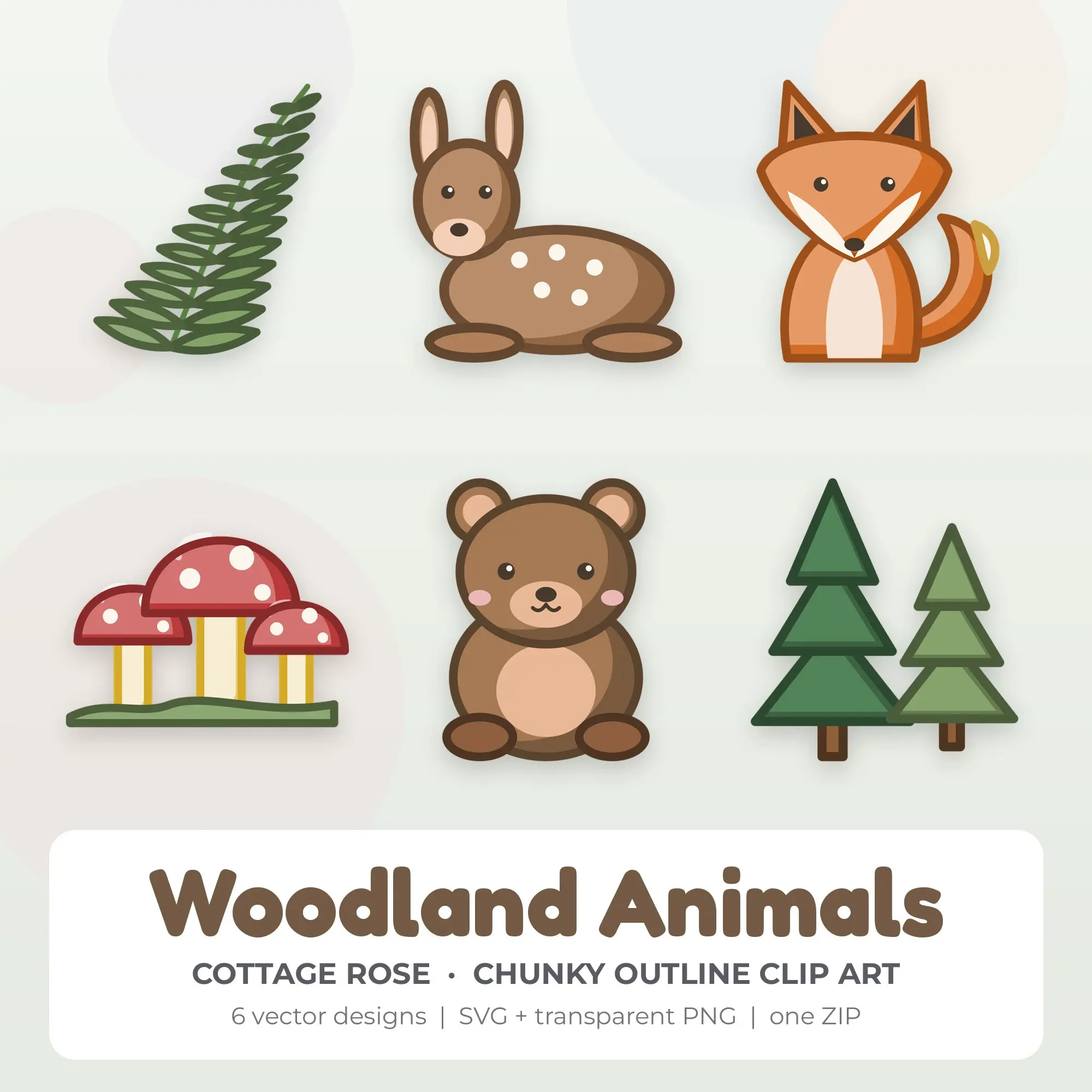 Woodland Animals Clipart, Cottage Rose Chunky Outline - 6 SVG PNG preview