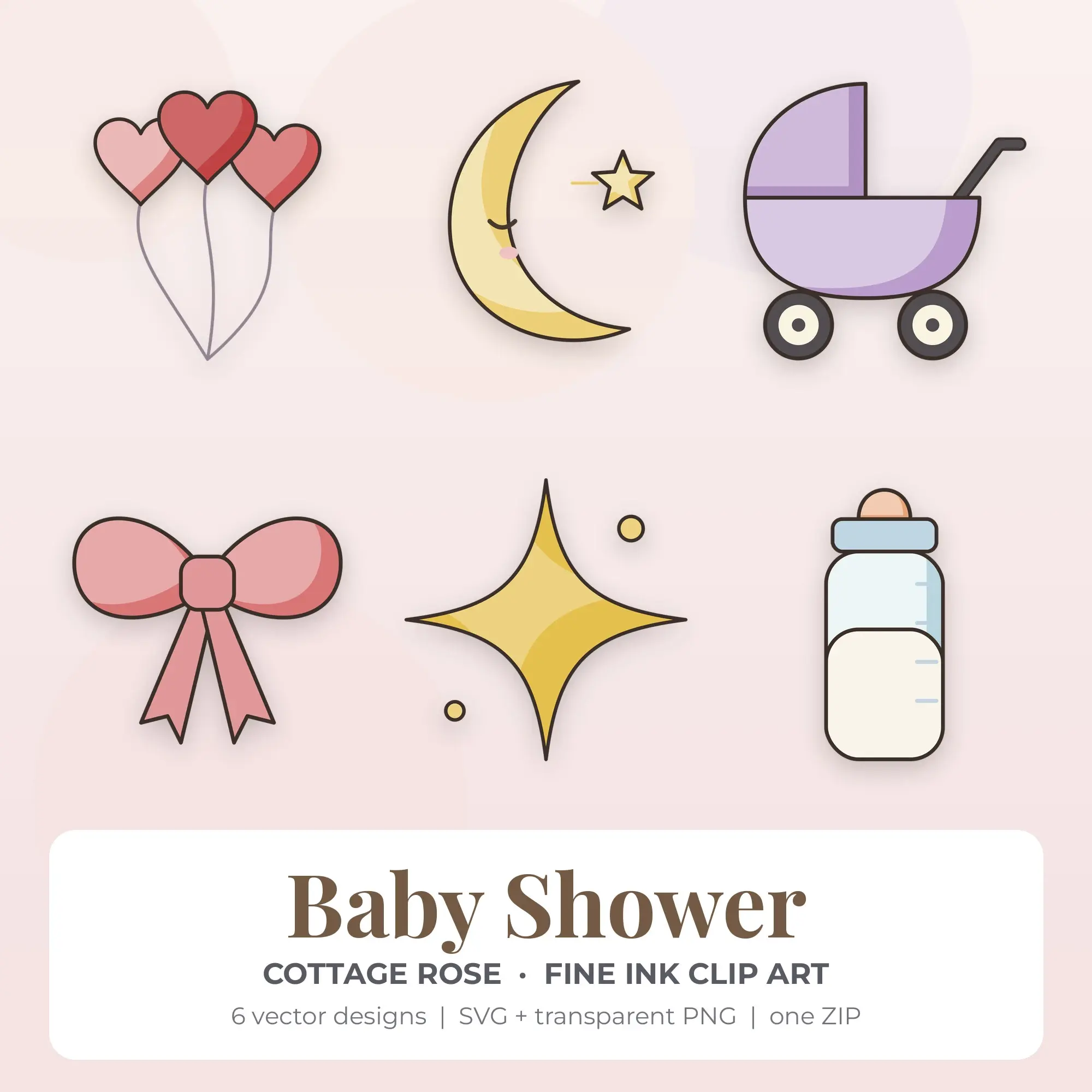 Cottage Rose Baby Shower Clip Art Set - 6 Vector SVG PNG preview