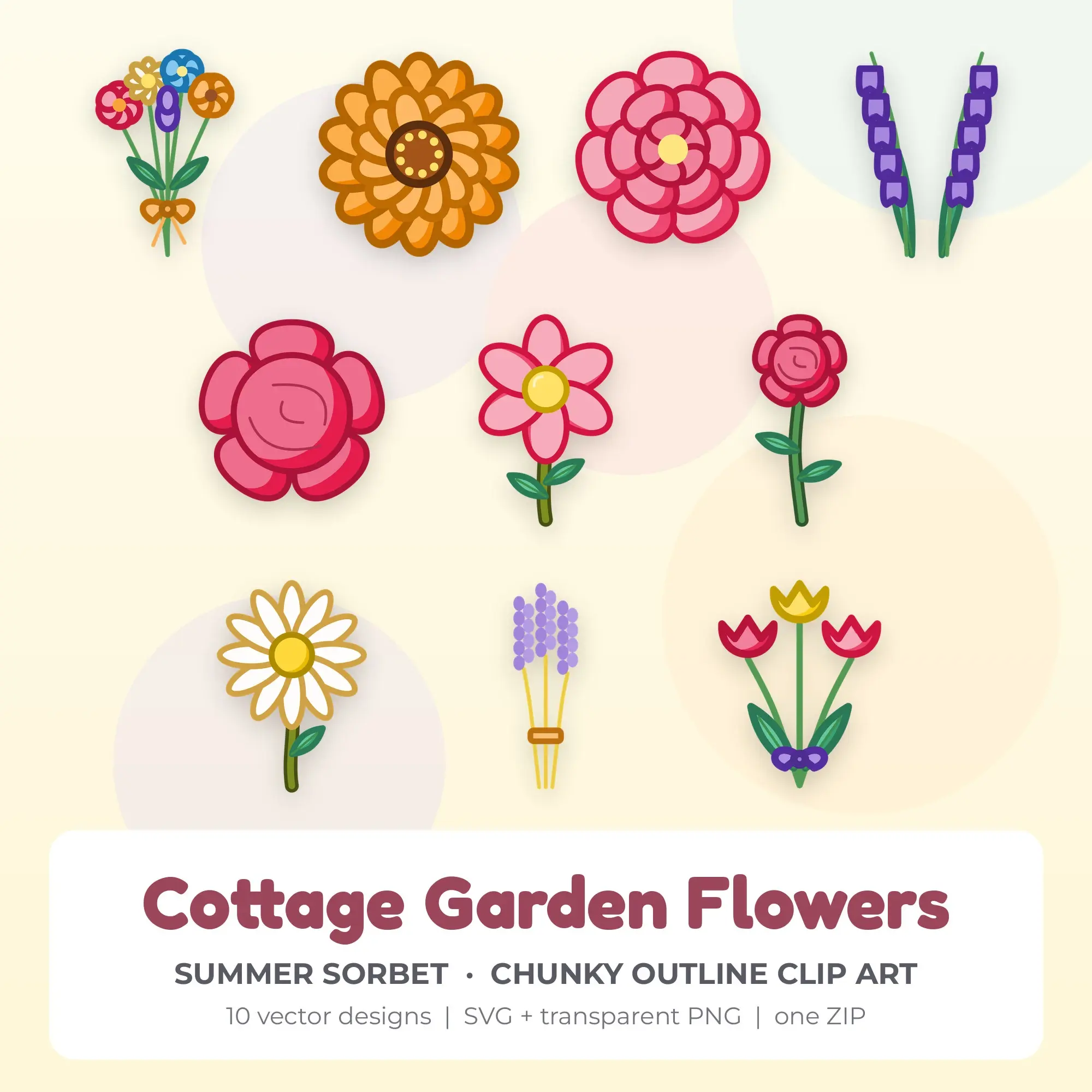 Cottage Garden Flowers Vector Clip Art in Summer Sorbet - 10 Designs preview