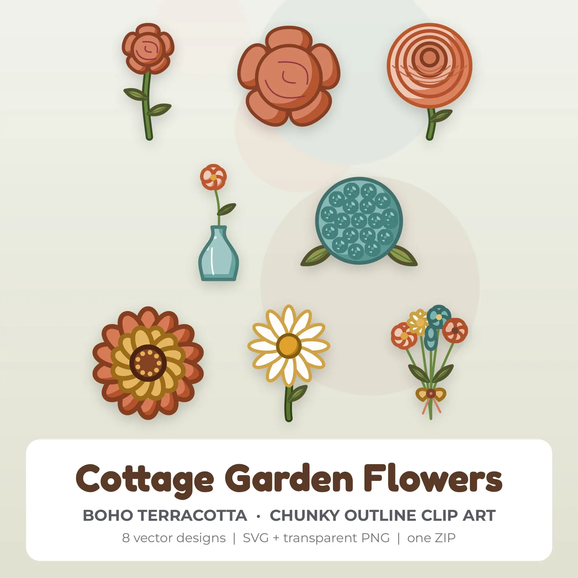 Cottage Garden Flowers Vector Clip Art in Boho Terracotta - 8 Designs preview