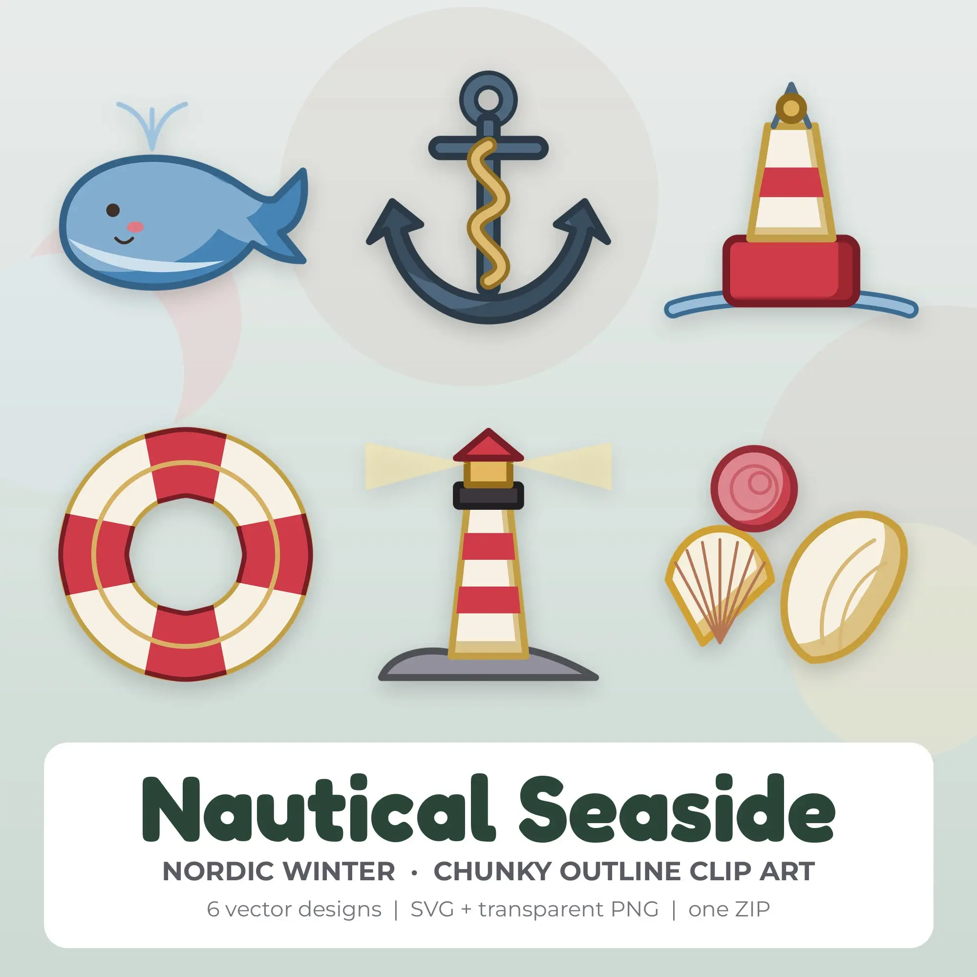 Nautical Seaside Clipart, Nordic Winter Chunky Outline - 6 SVG PNG preview