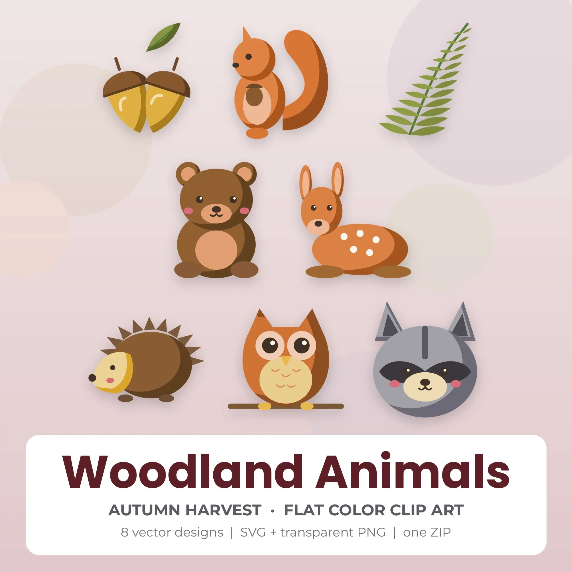 Woodland Animals SVG Clipart Pack, Flat Color Style - 8 Designs preview