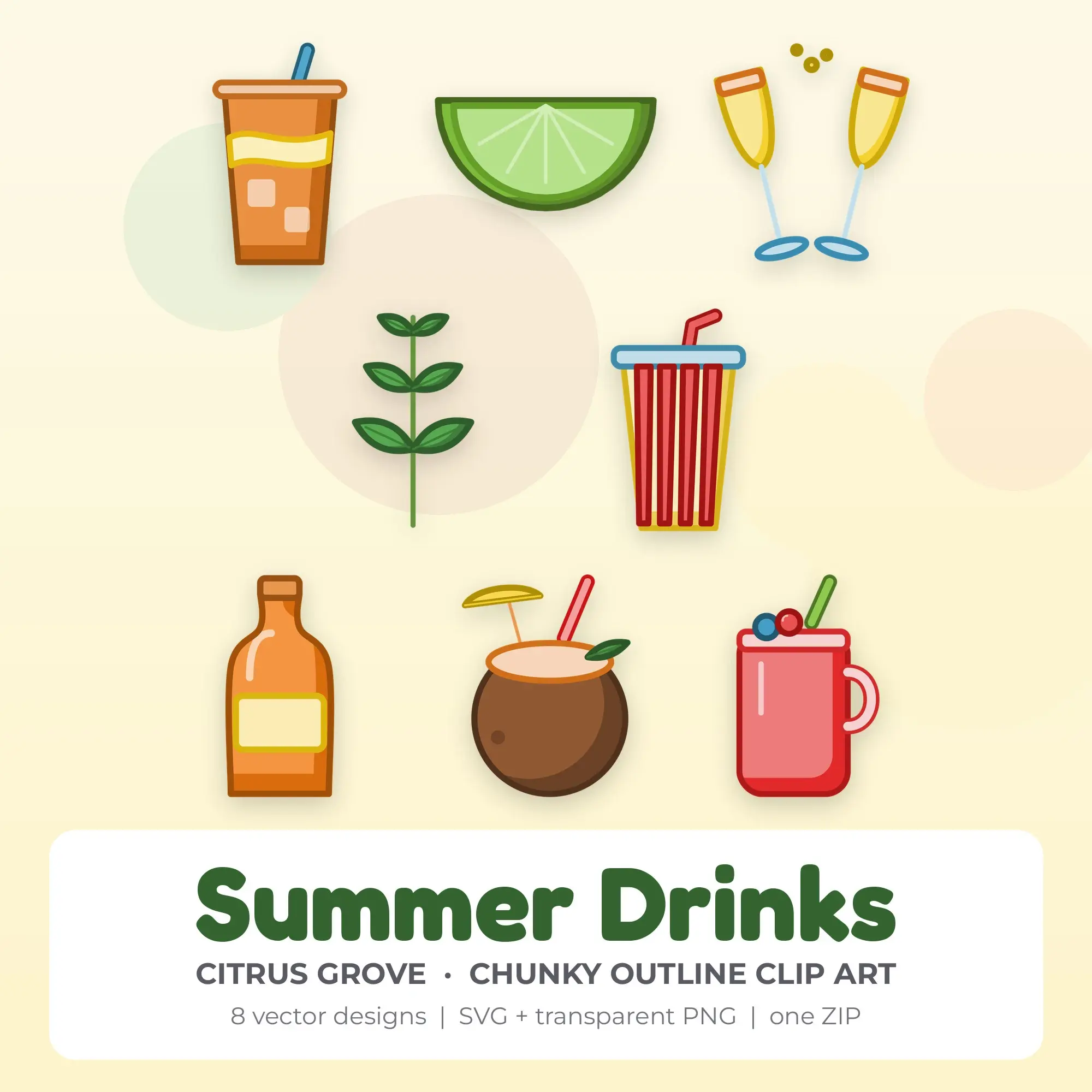 Summer Drinks Vector Clip Art in Citrus Grove - 8 Designs preview