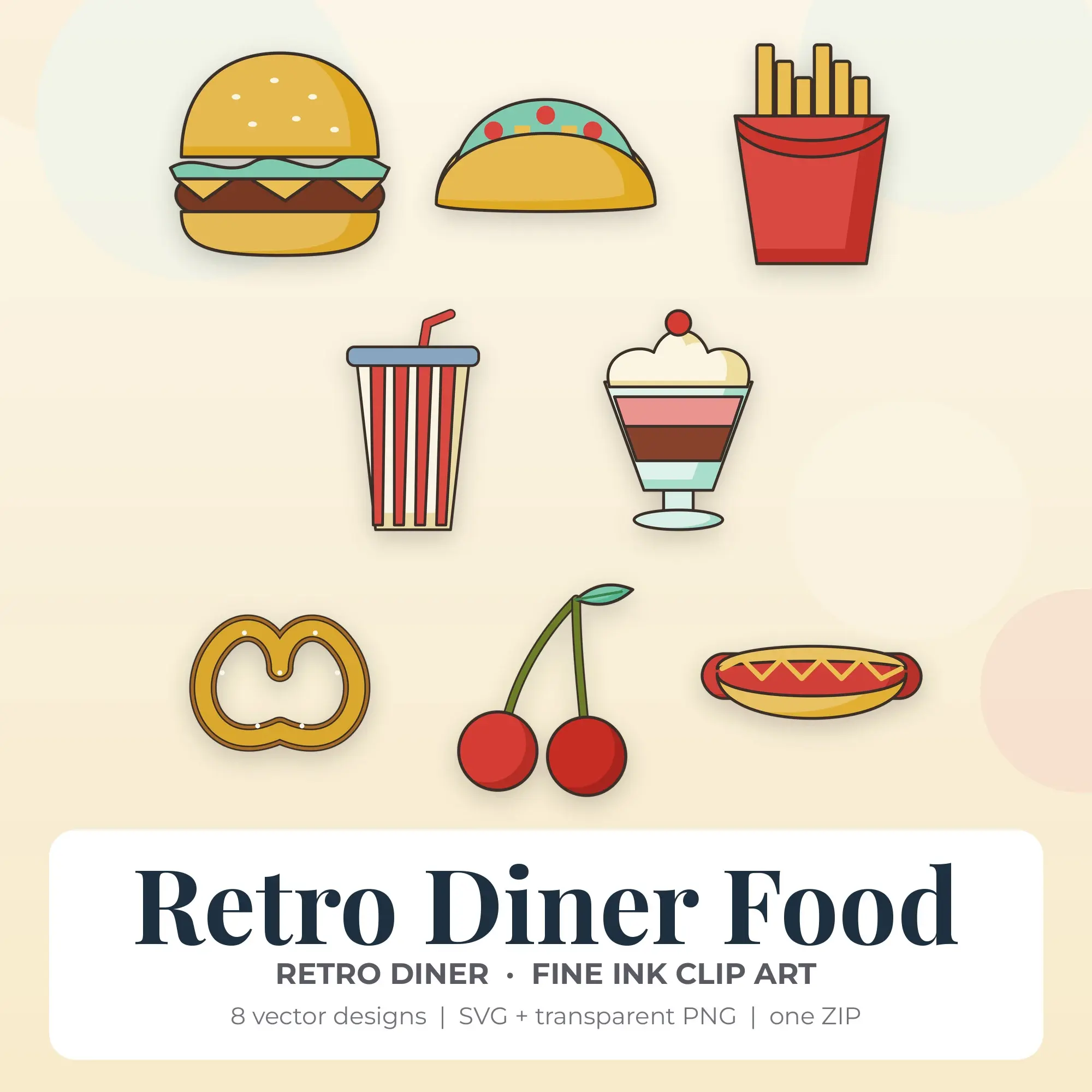 Fine Ink Retro Diner Food Clipart Bundle, Retro Diner - 8 PNG SVG preview