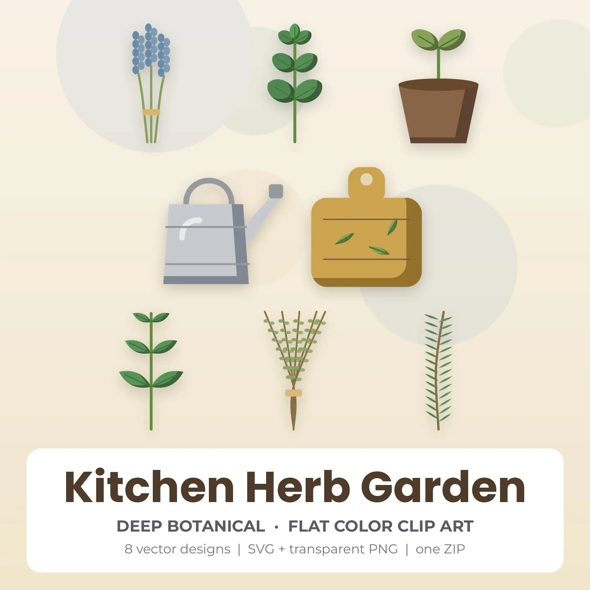 Deep Botanical Flat Color Kitchen Herb Garden Clipart - 8 Vector Files, preview 1 of 2