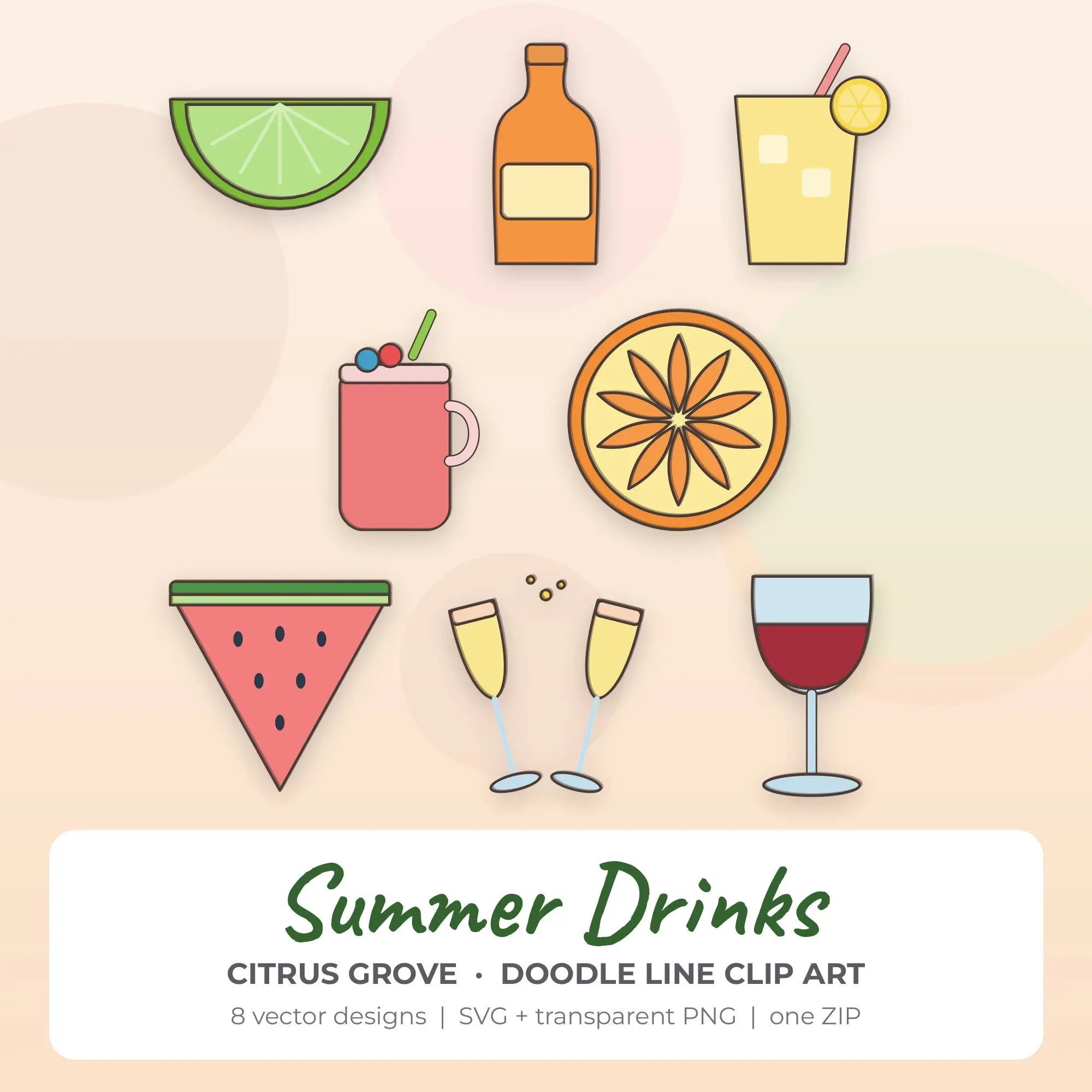 Doodle Line Summer Drinks Clipart Bundle, Citrus Grove - 8 PNG SVG preview