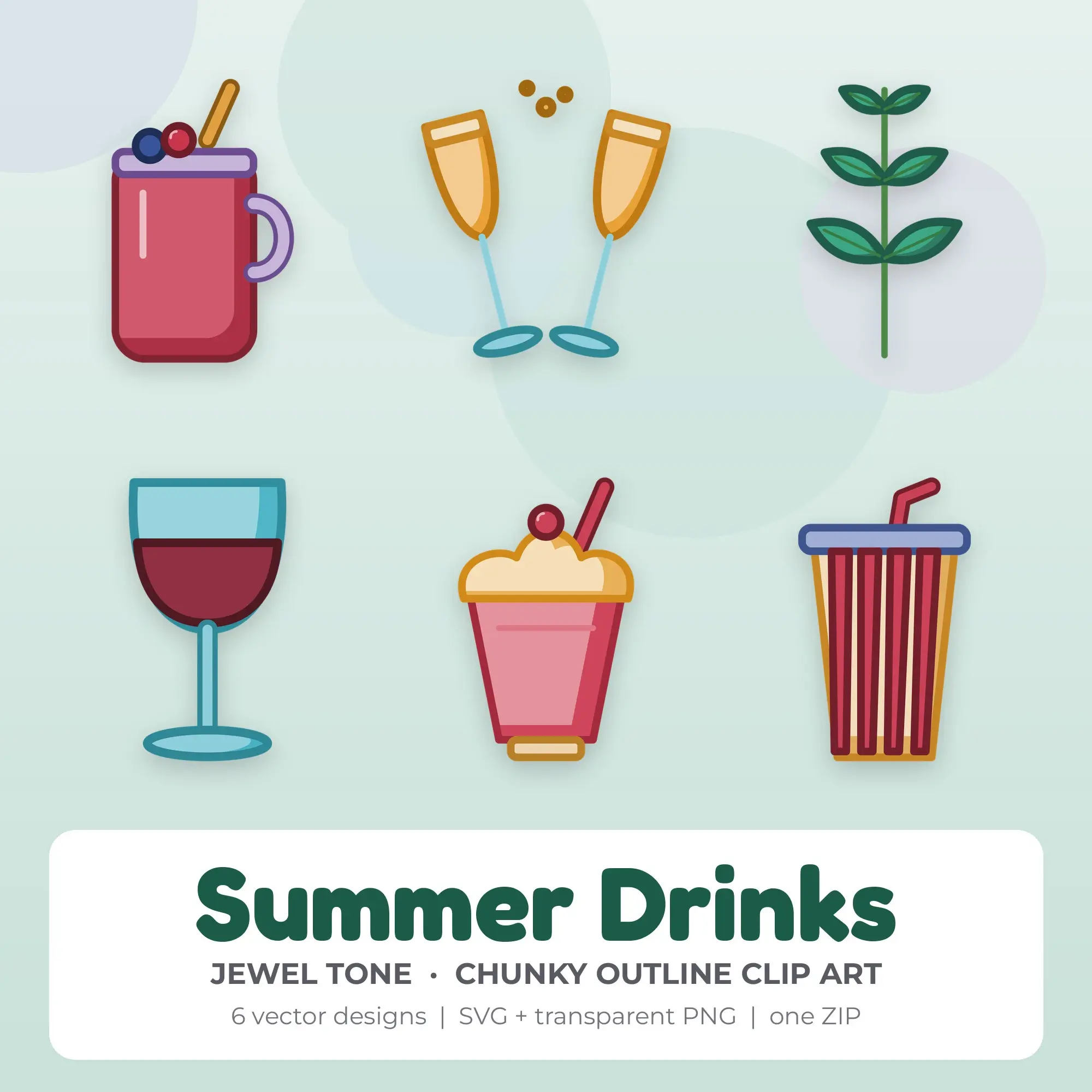 Jewel Tone Chunky Outline Summer Drinks Clipart - 6 Vector Files, preview 1 of 2
