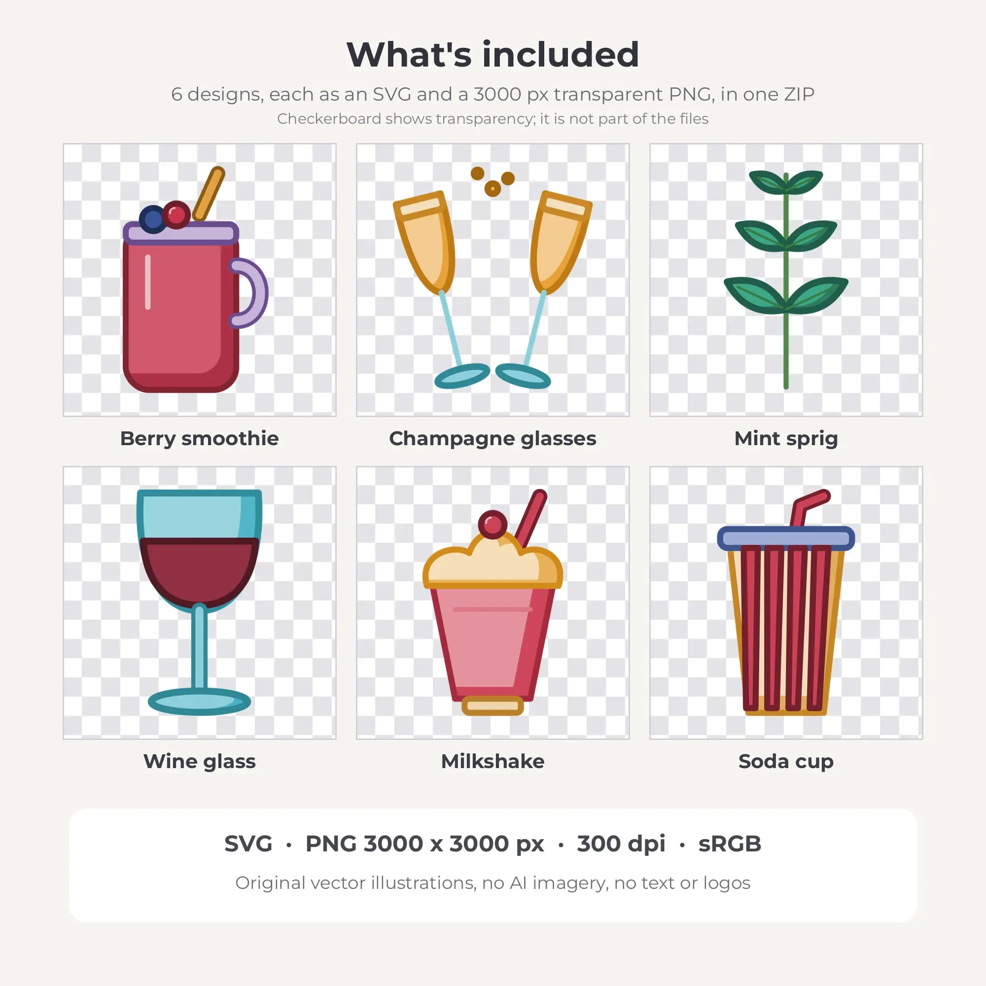 Jewel Tone Chunky Outline Summer Drinks Clipart - 6 Vector Files, preview 2 of 2