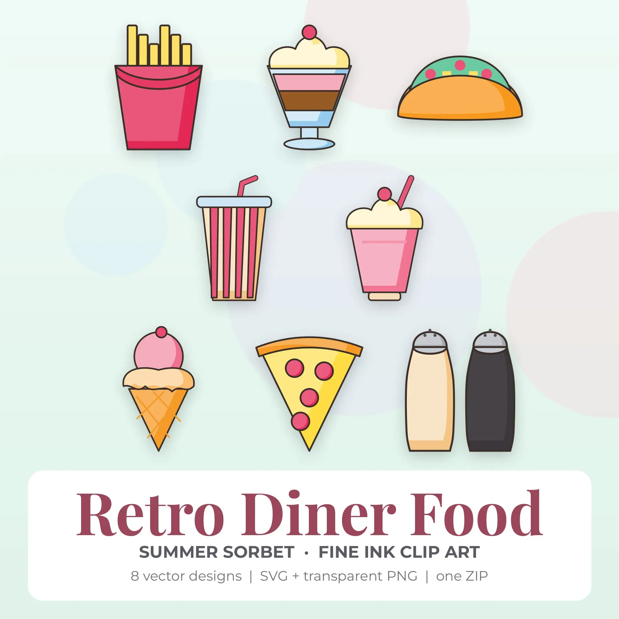 Summer Sorbet Fine Ink Retro Diner Food Clipart - 8 Vector Files preview