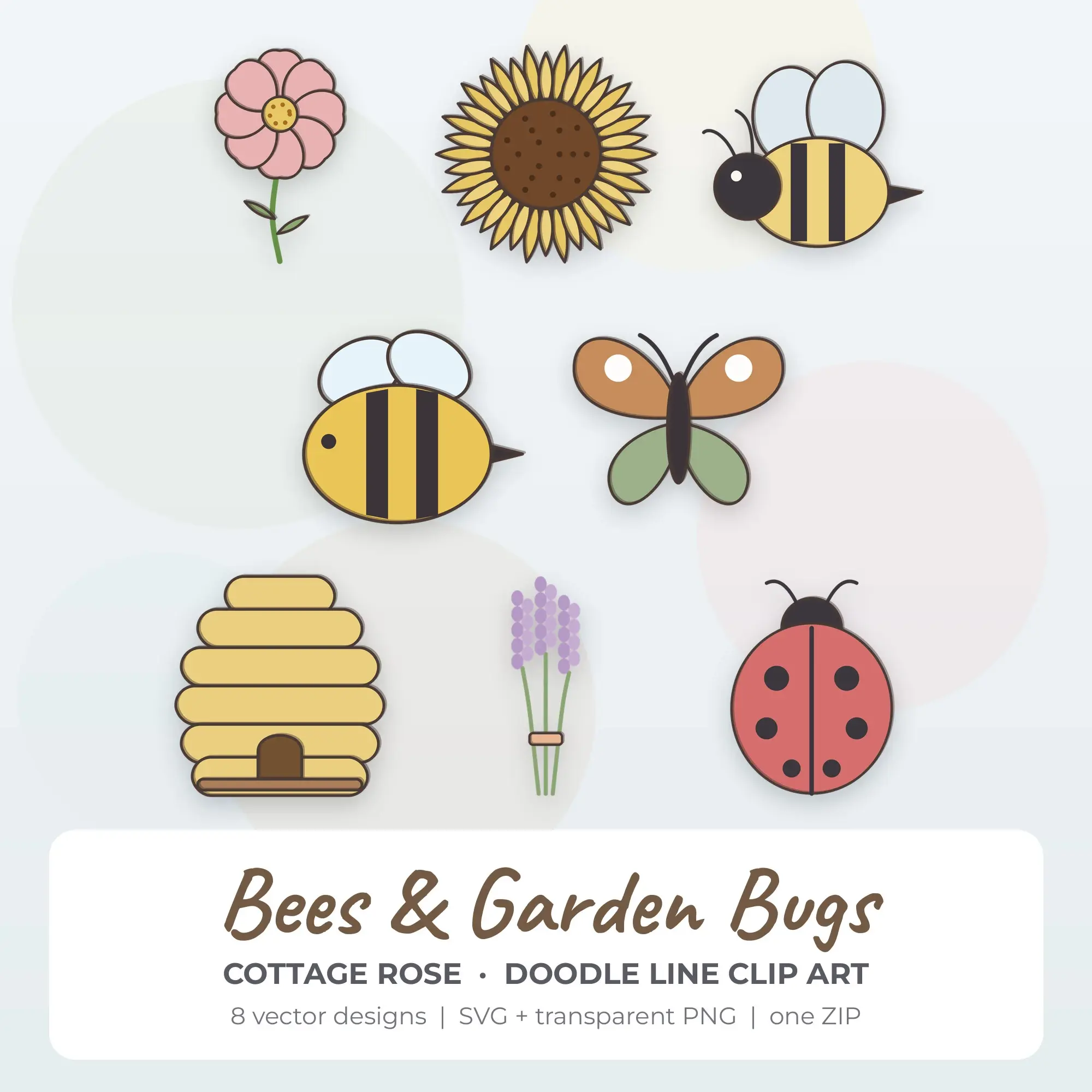 Cottage Rose Doodle Line Bees & Garden Bugs Clipart - 8 Vector Files preview