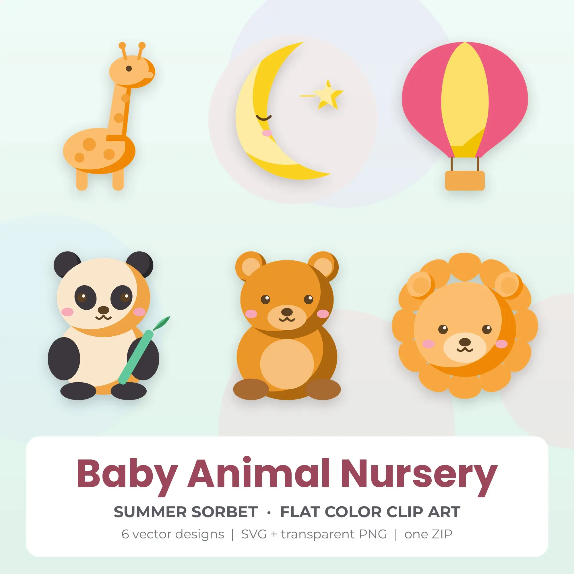 6 Flat Color Baby Animal Nursery Clipart Illustrations, SVG PNG preview