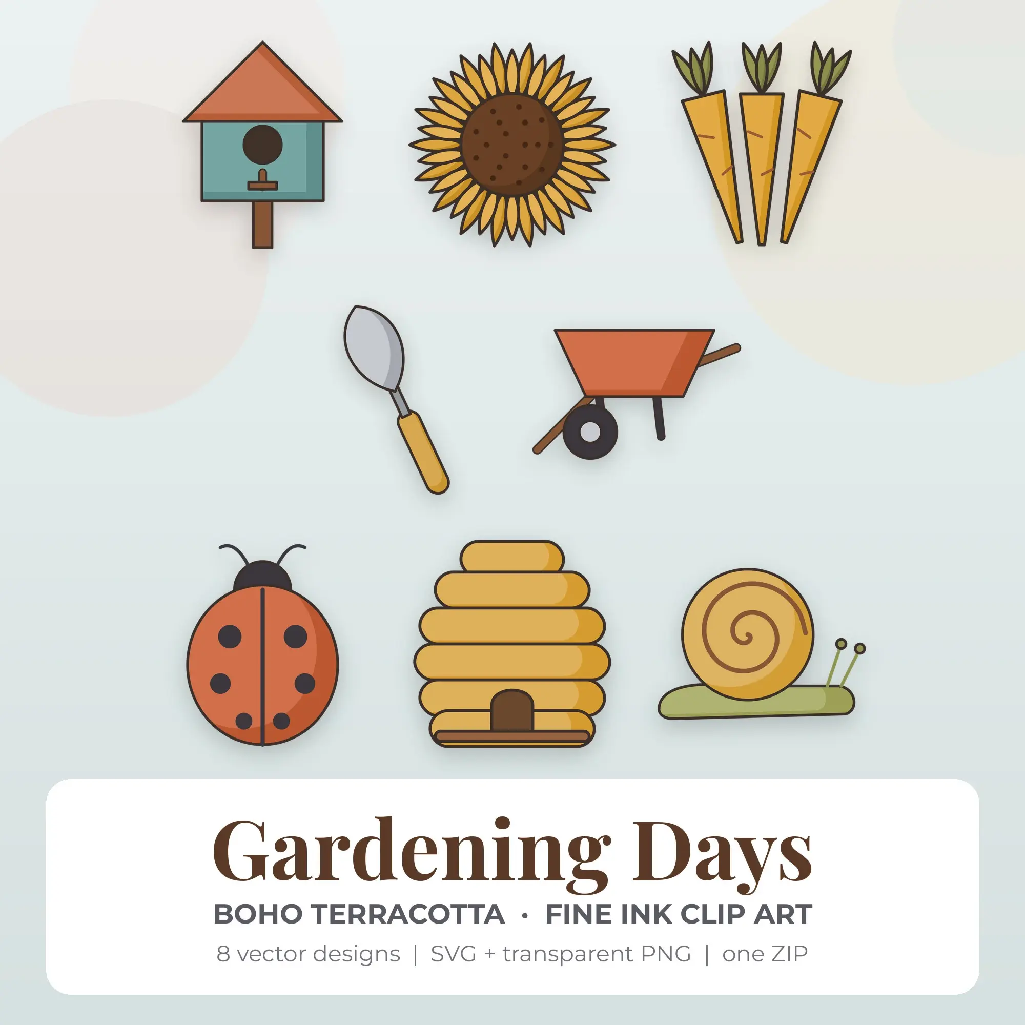 Boho Terracotta Fine Ink Gardening Days Clipart - 8 Vector Files preview