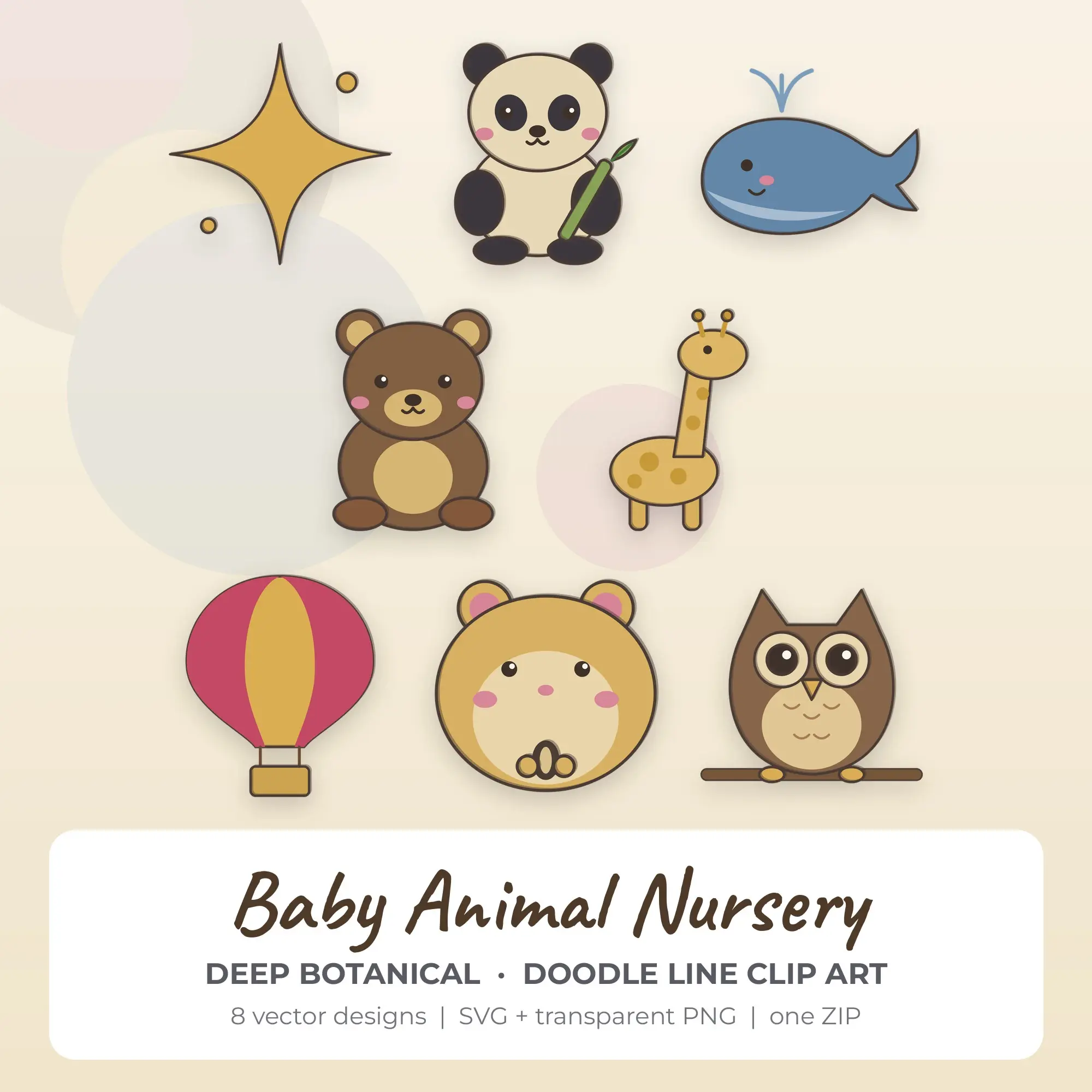 8 Doodle Line Baby Animal Nursery Clipart Illustrations, SVG PNG preview