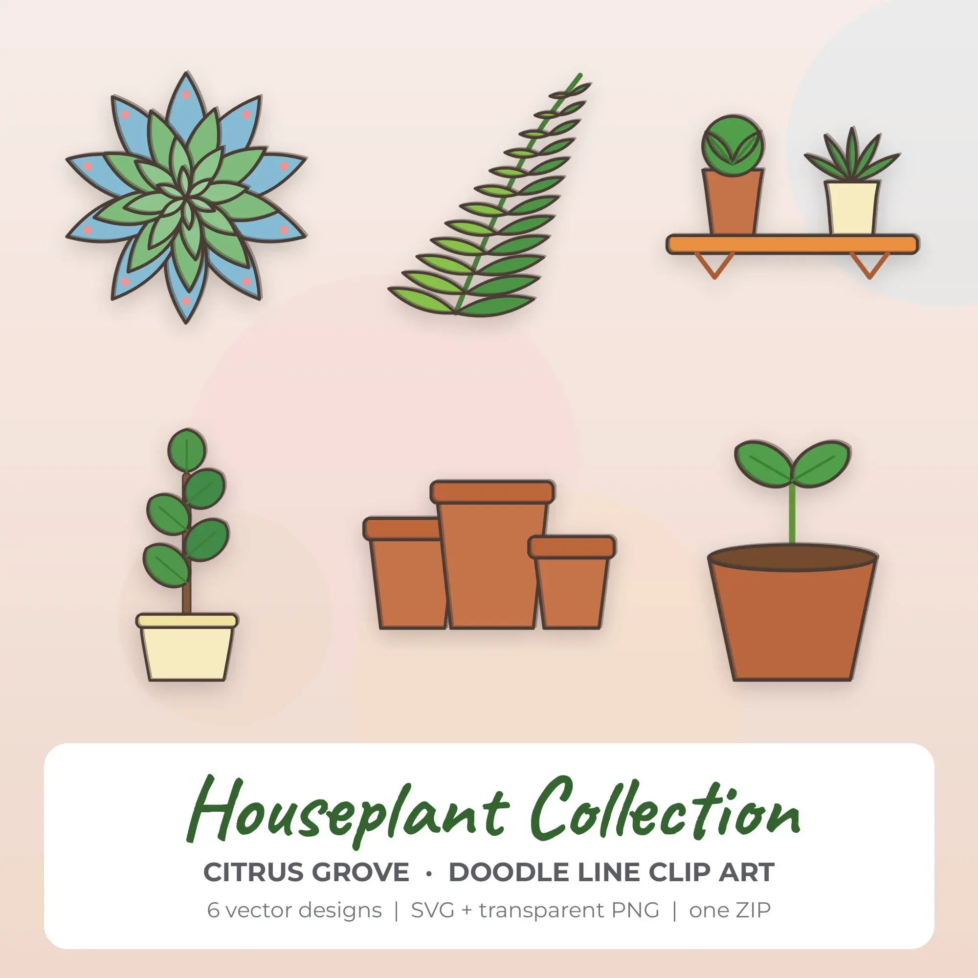 Houseplant Collection Clipart, Citrus Grove Doodle Line - 6 SVG PNG preview
