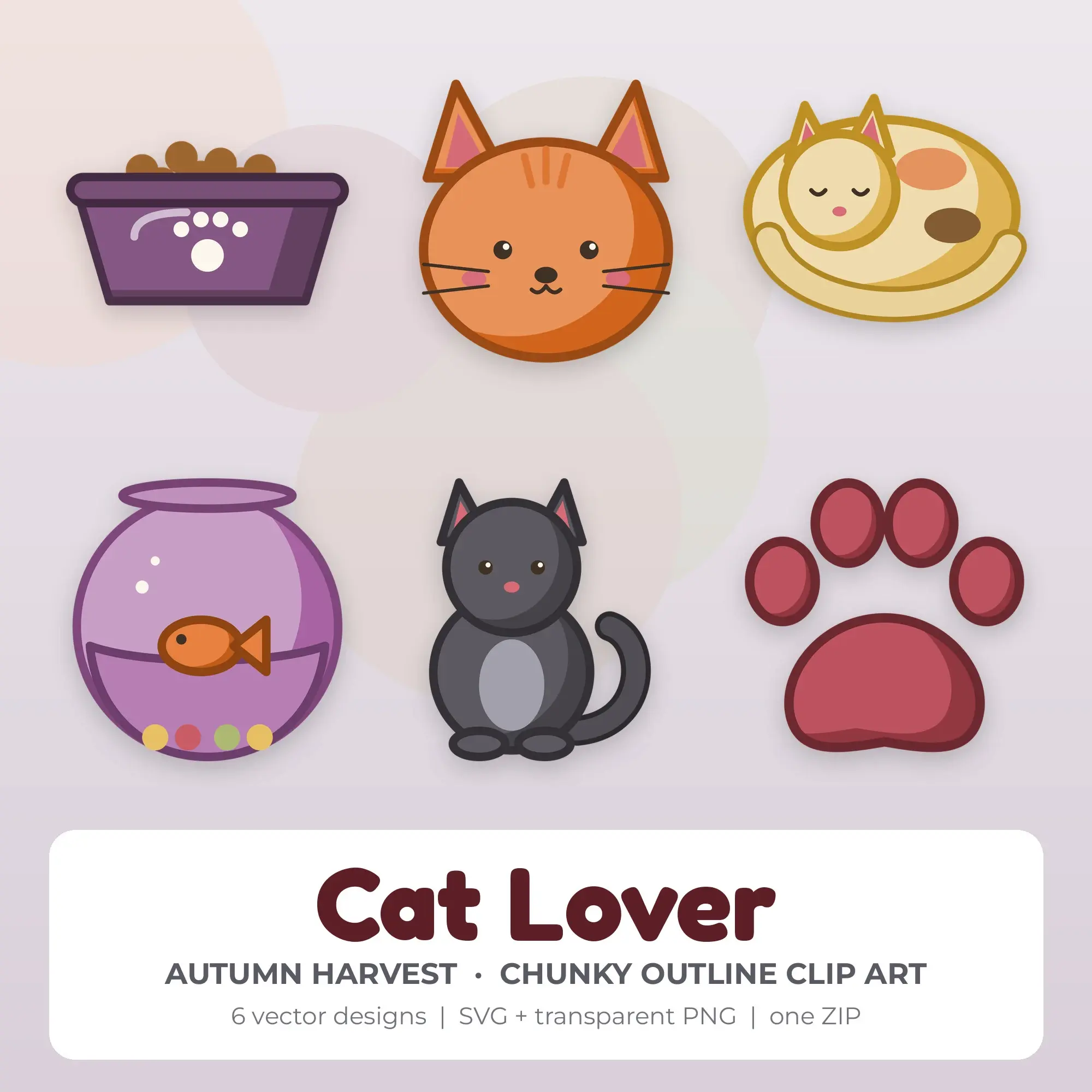 Cat Lover SVG Clipart Pack, Chunky Outline Style - 6 Designs preview