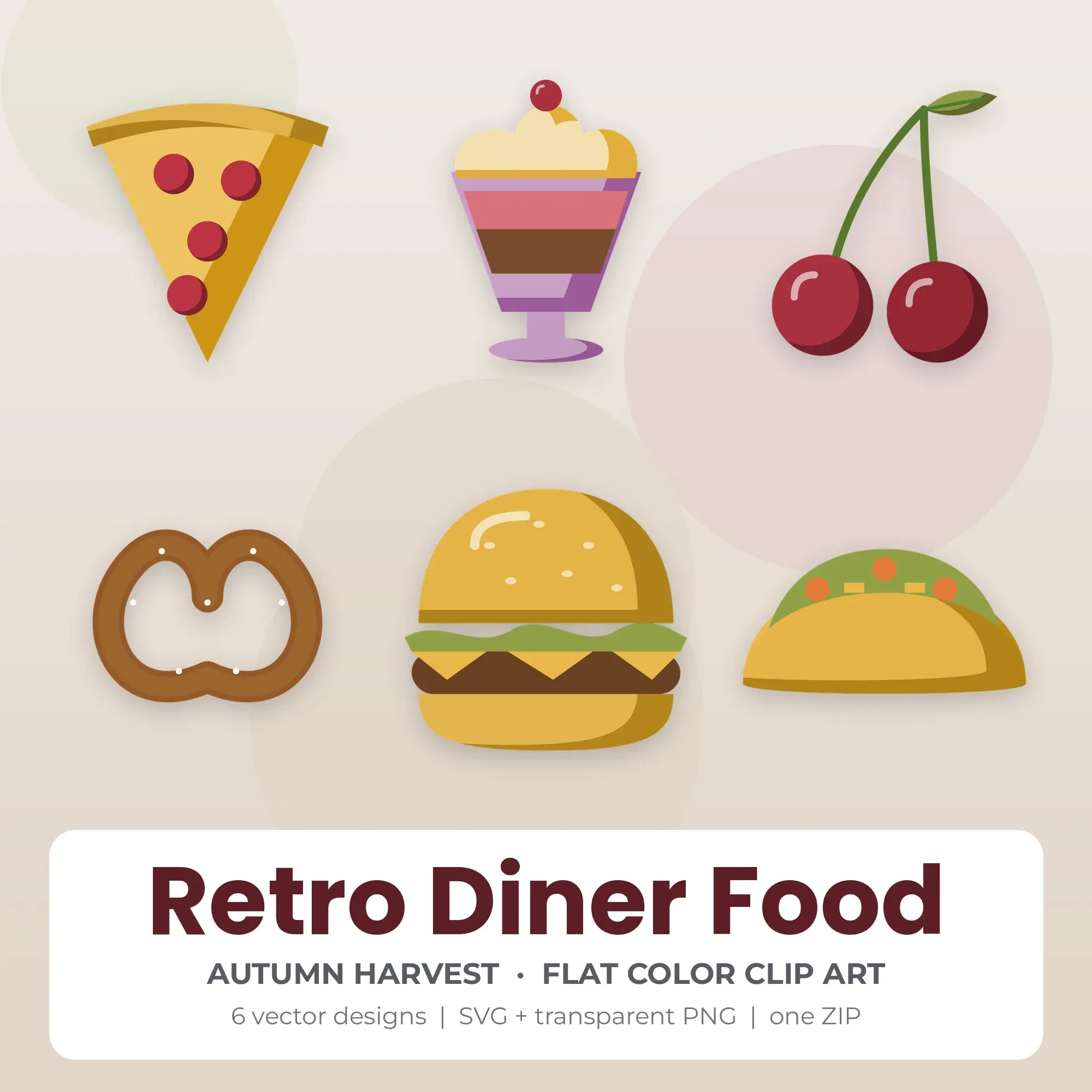 Flat Color Retro Diner Food Clipart Bundle, Autumn Harvest - 6 PNG SVG preview