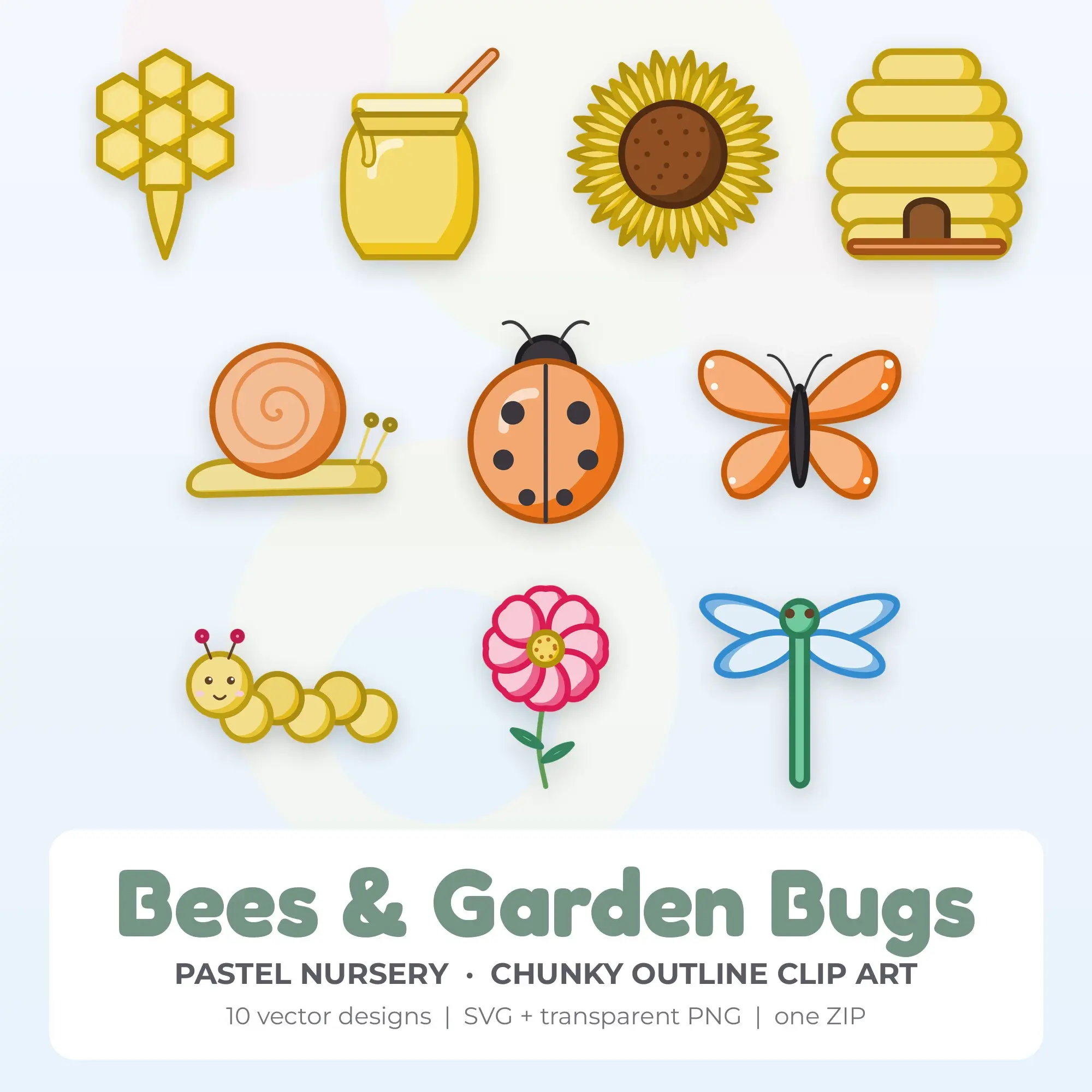 10 Chunky Outline Bees & Garden Bugs Clipart Illustrations, SVG PNG preview