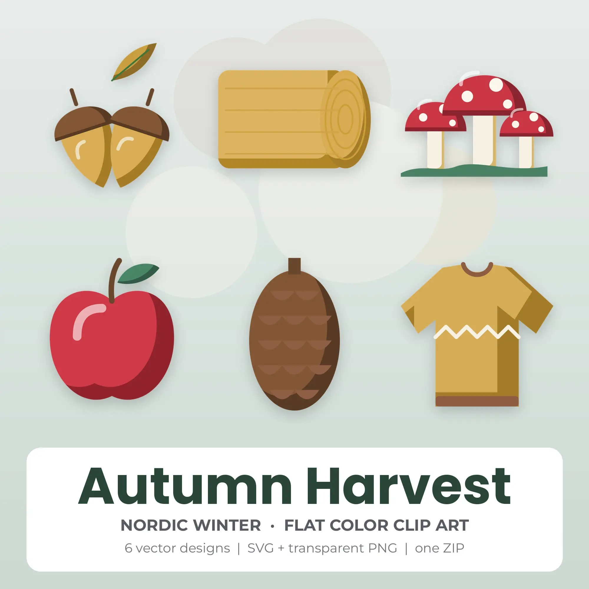 6 Flat Color Autumn Harvest Clipart Illustrations, SVG PNG preview
