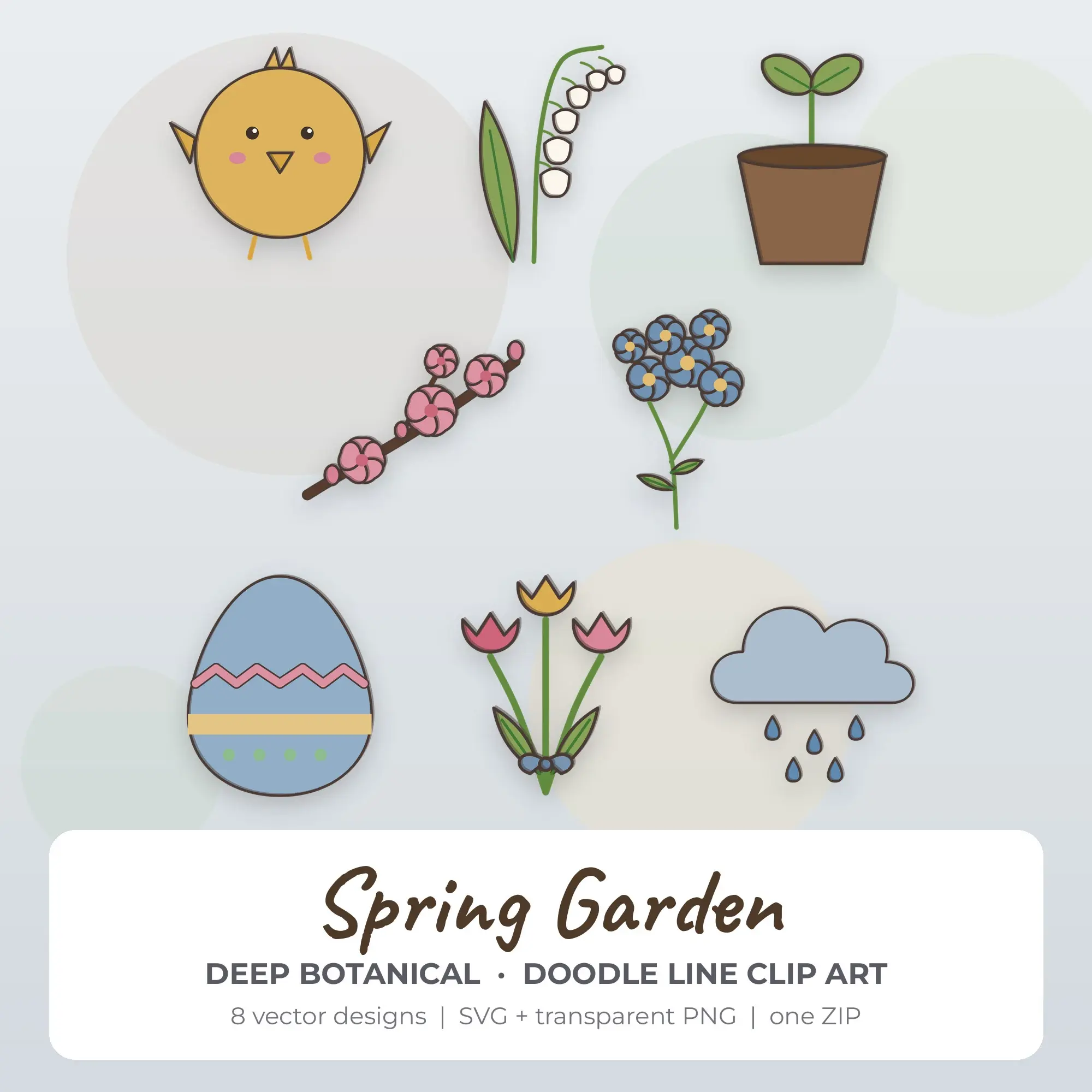 Spring Garden SVG Clipart Pack, Doodle Line Style - 8 Designs, preview 1 of 2