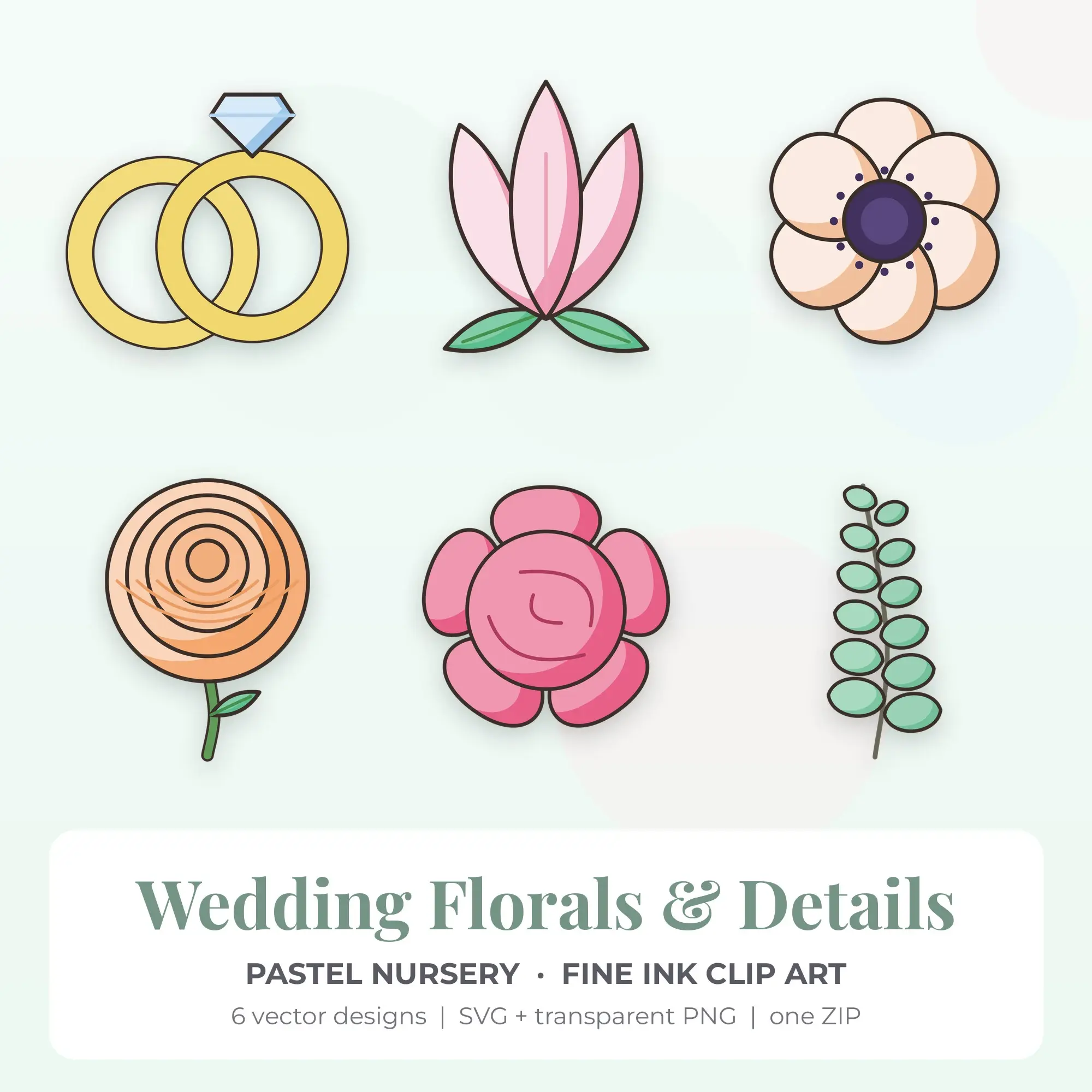 Wedding Florals & Details SVG Clipart Pack, Fine Ink Style - 6 Designs preview