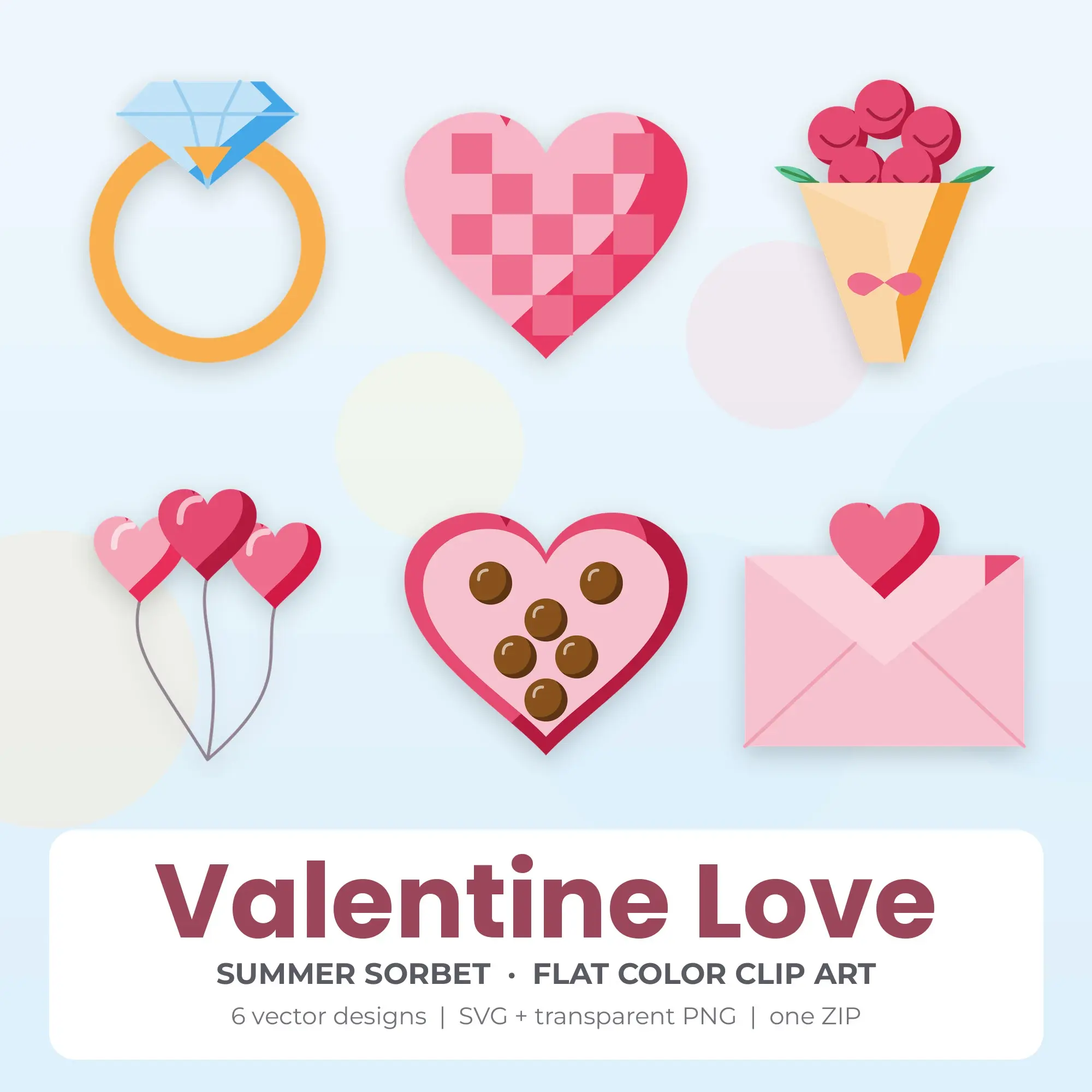 6 Flat Color Valentine Love Clipart Illustrations, SVG PNG preview