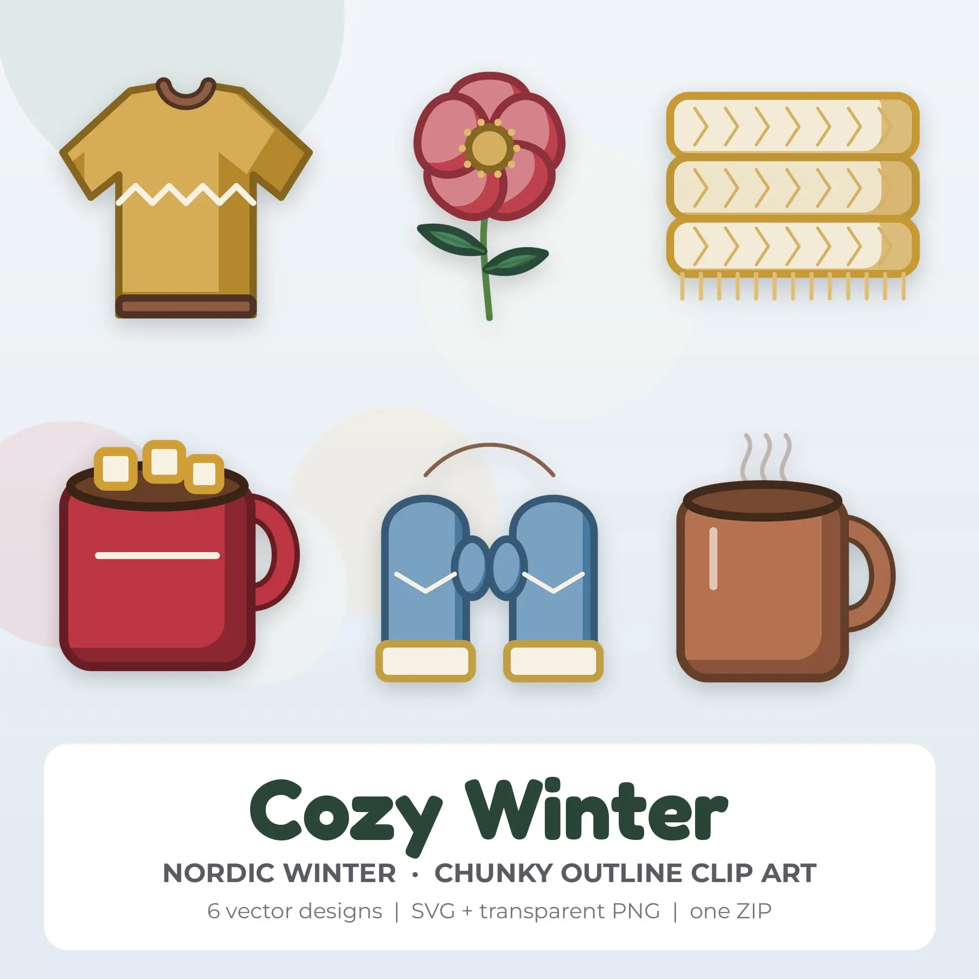 Cozy Winter SVG Clipart Pack, Chunky Outline Style - 6 Designs preview