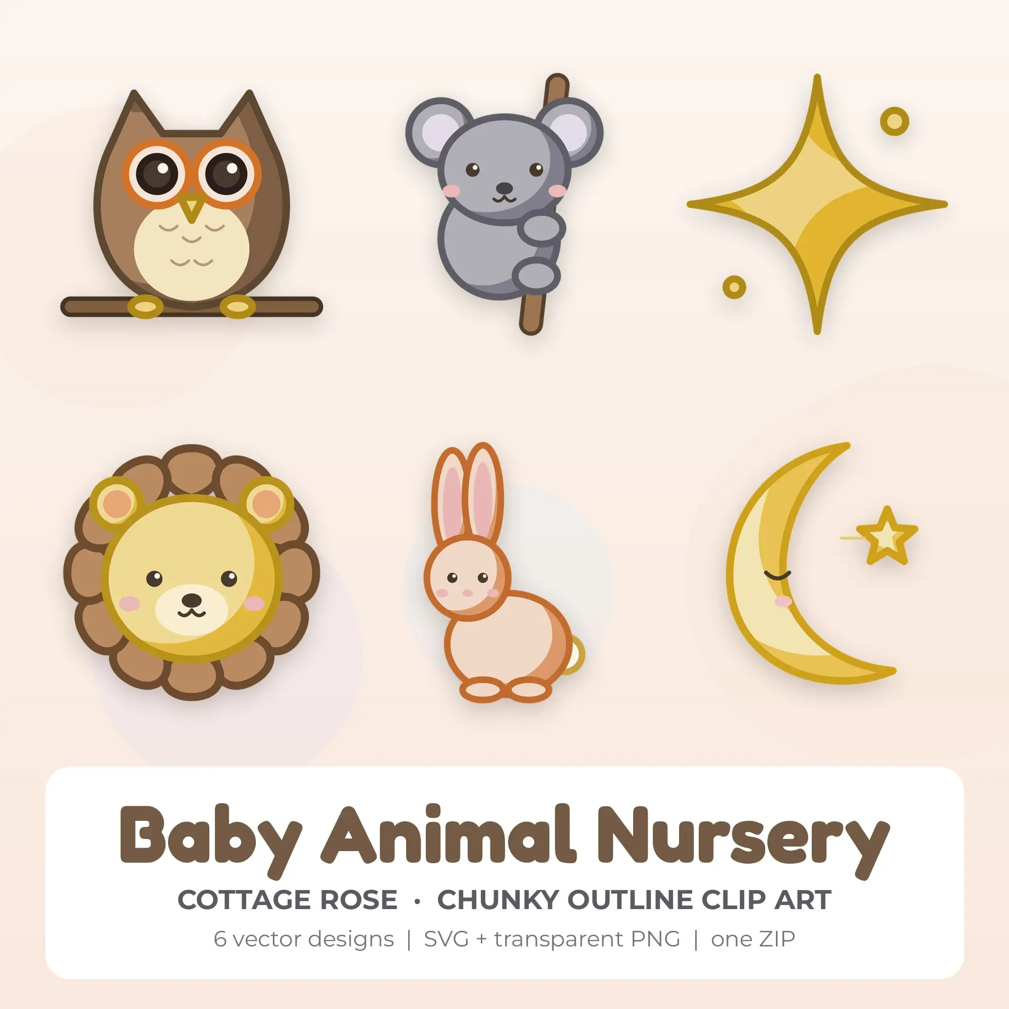 Baby Animal Nursery Clipart, Cottage Rose Chunky Outline - 6 SVG PNG preview