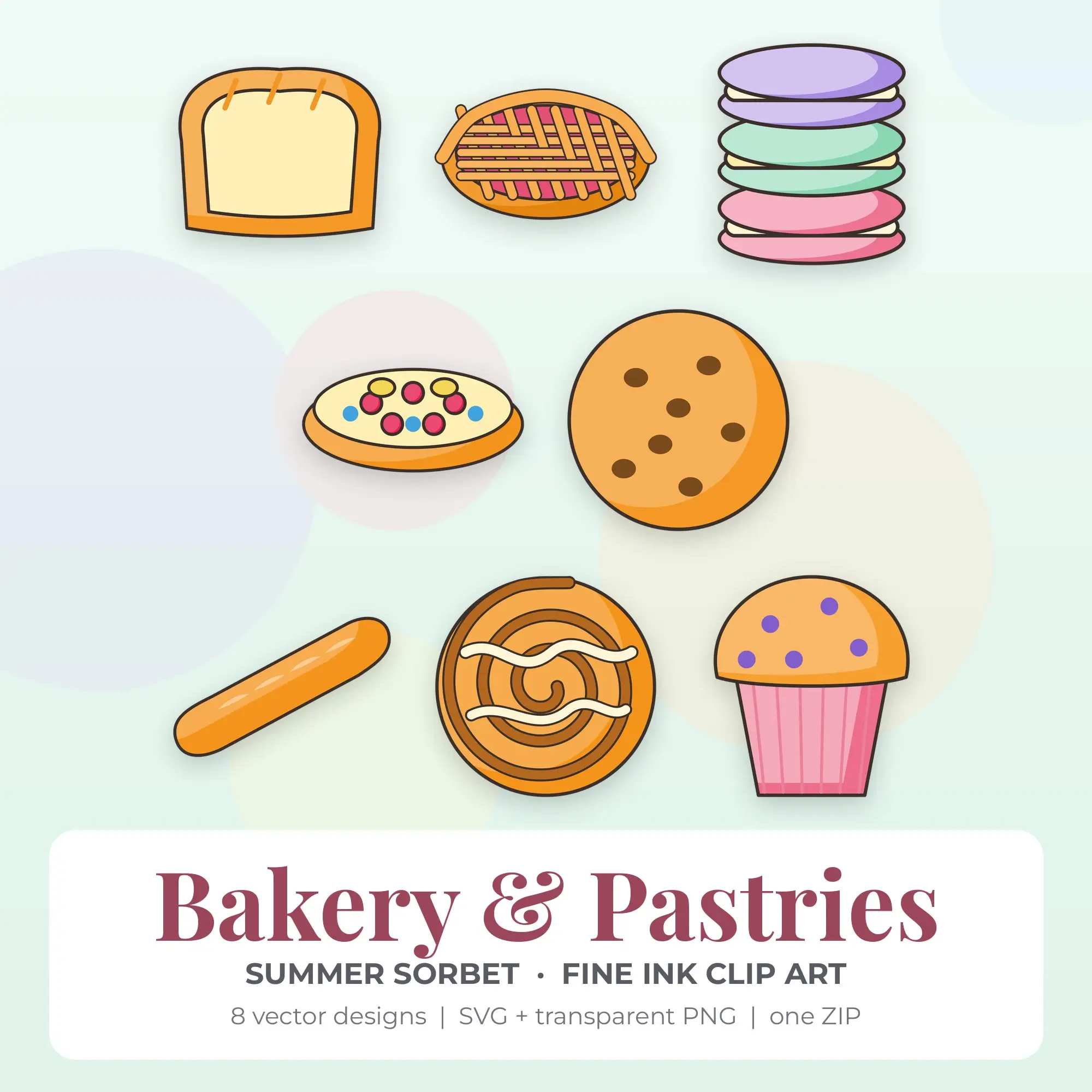 Fine Ink Bakery & Pastries Clipart Bundle, Summer Sorbet - 8 PNG SVG preview