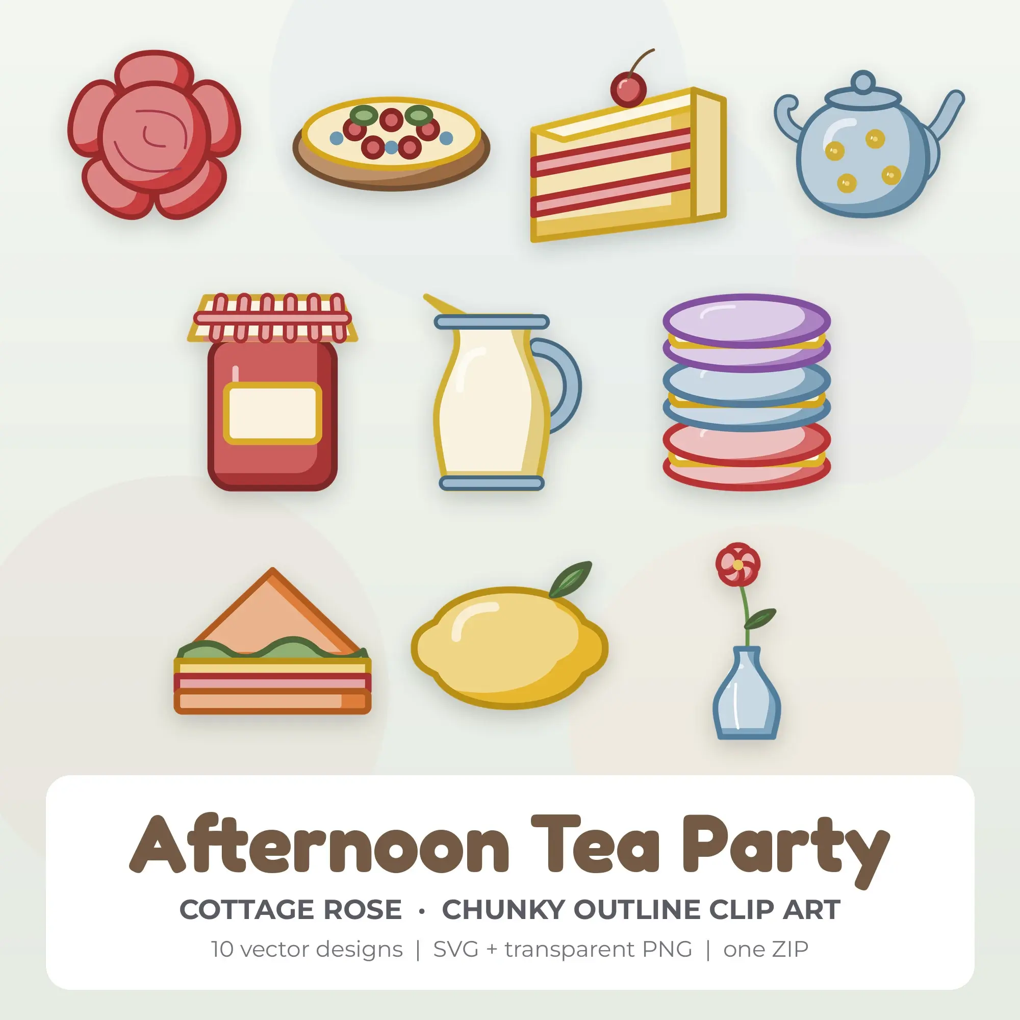 Afternoon Tea Party Vector Clip Art in Cottage Rose - 10 Designs preview