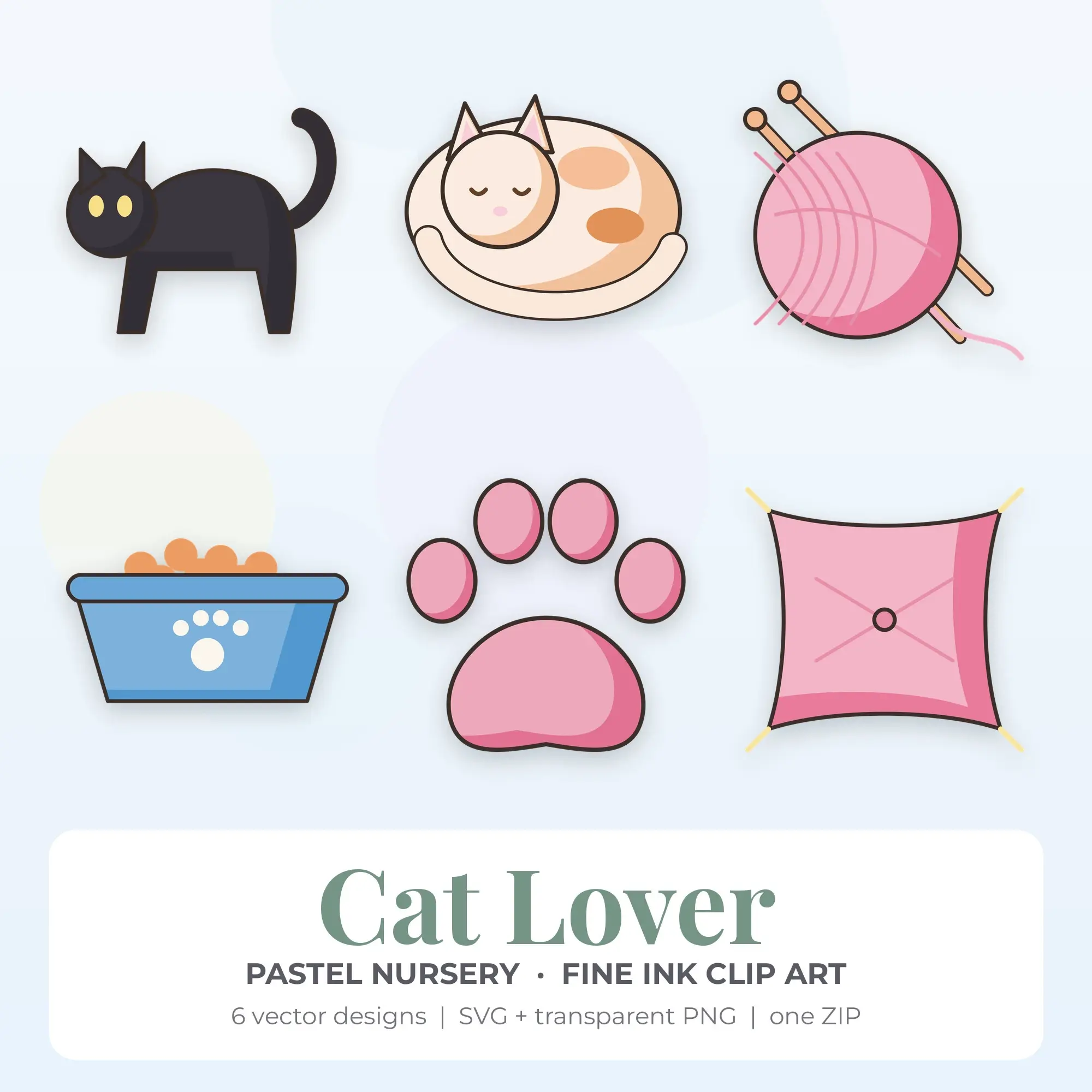 Cat Lover Clipart, Pastel Nursery Fine Ink - 6 SVG PNG preview